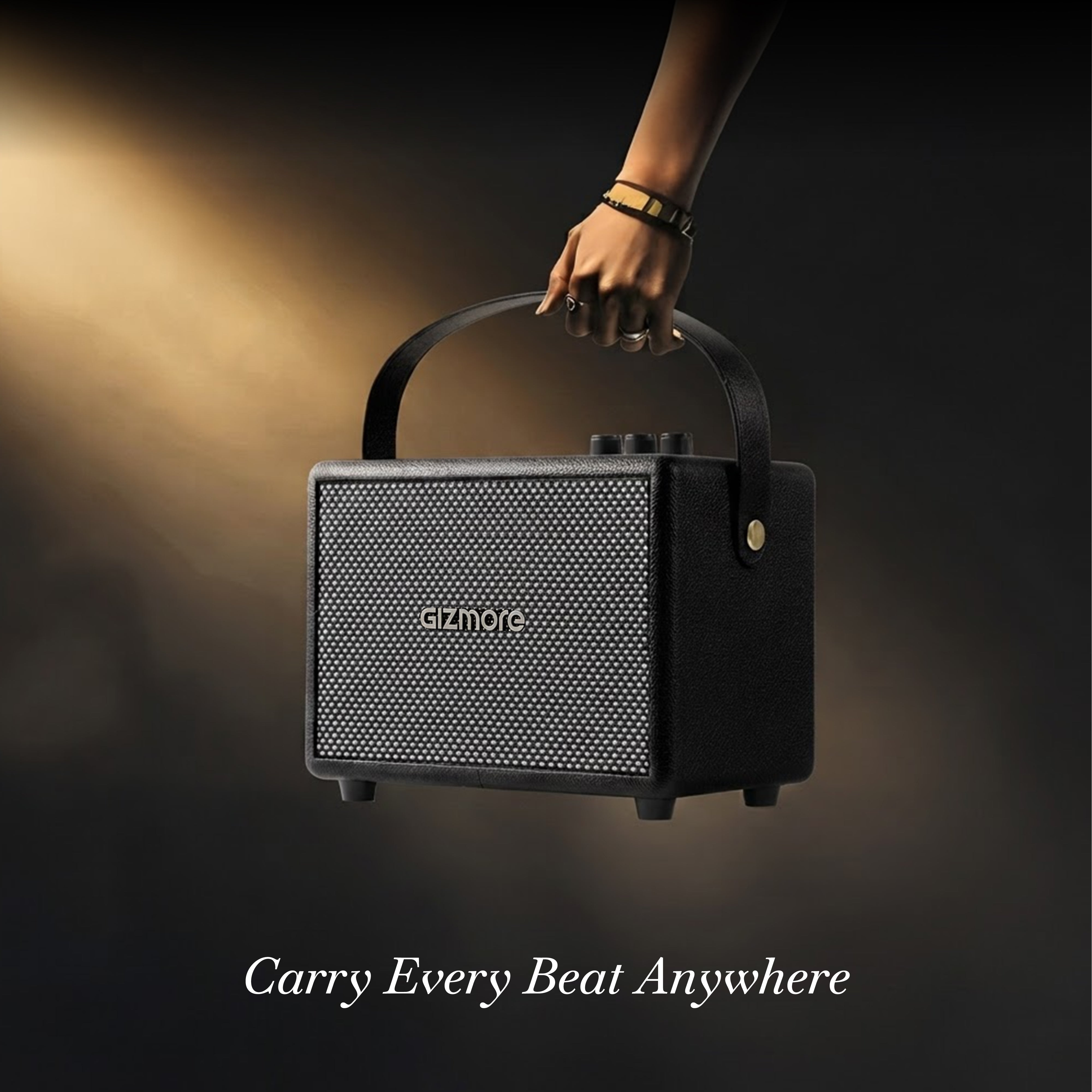 GIZMORE BEAT LUXE 30W RMS Bluetooth Speaker with Premium Wooden & Vegan Leather Finish, Portable Design, Up to 3 Hours Playtime, TWS Dual Pairing, Multi-Control Knobs, Carrying Strap