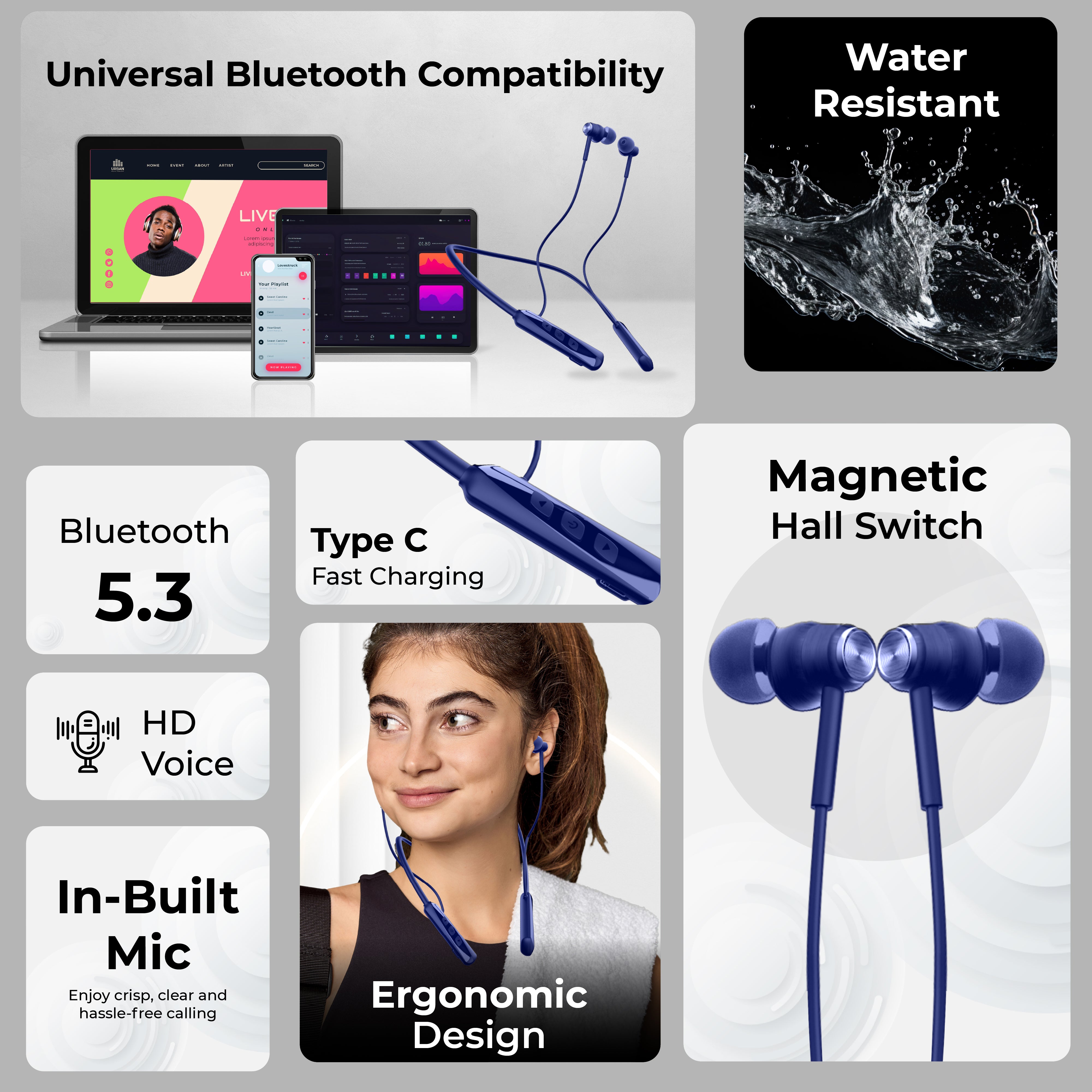 GIZ MN231H Bluetooth Neckband with Magnetic Hall Switch | 40H Playtime | HD Voice | Extra Bass | Type-C Charging | Comfortable Fit | Voice Assistant | Magnetic Earpiece
