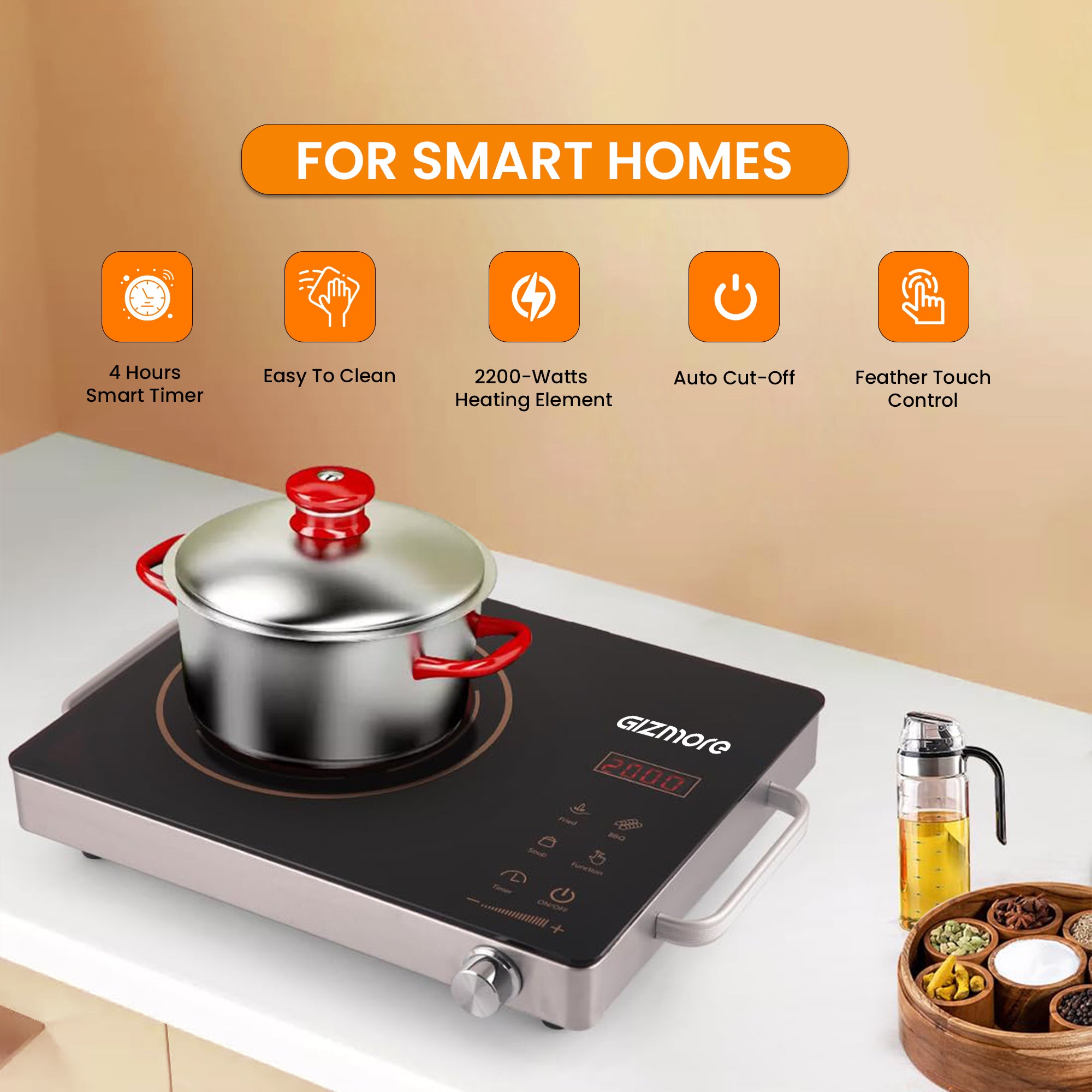 GIZMORE 2200 W Infrared Induction Cooktop Compatible with All Utensils| Crystal Glass & Touch Control| Auto Cooling System |Digital Display |Temperature Adjustability