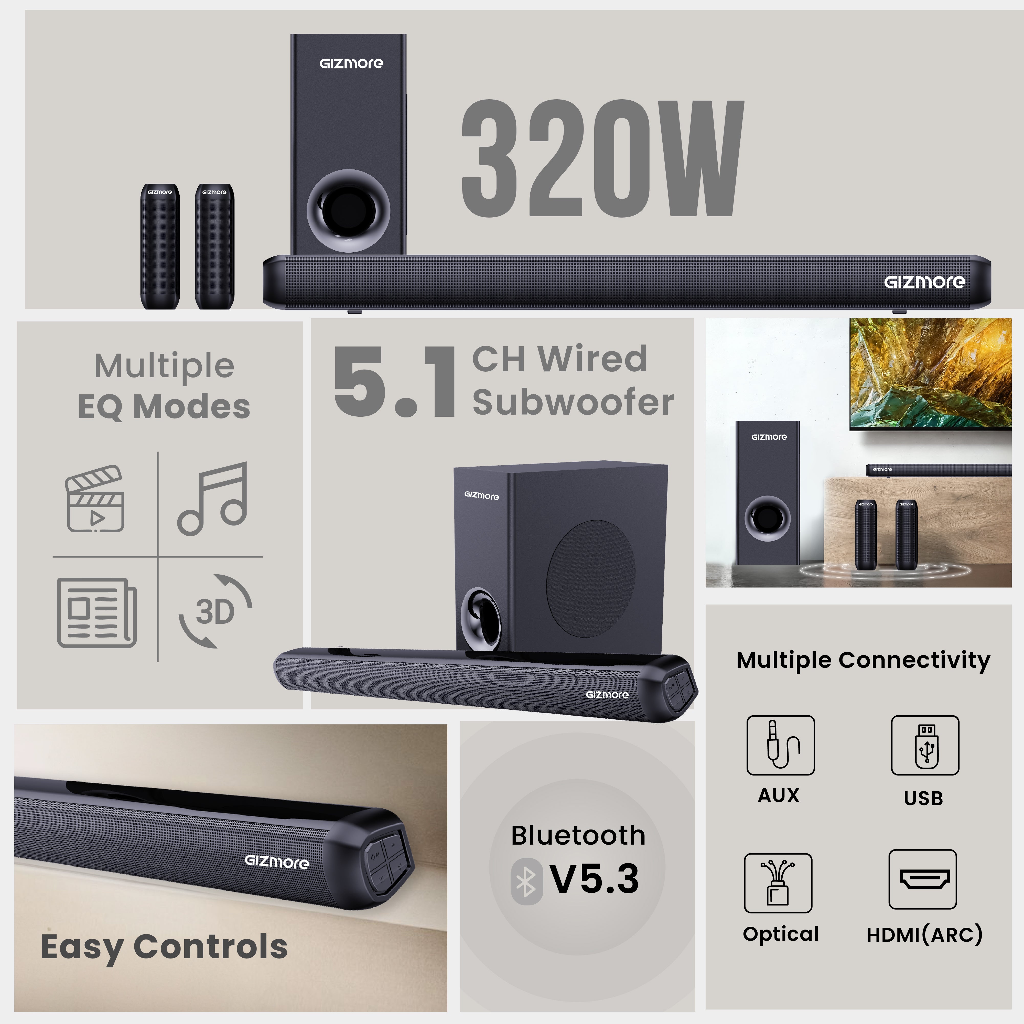 GIZBAR 320 Wired 5.1 Channel Soundbar with Subwoofer, 320W Audio Output, HDMI ARC, Optical, USB & AUX Connectivity, Multiple EQ Modes (Movie, Music, 3D, Sports)