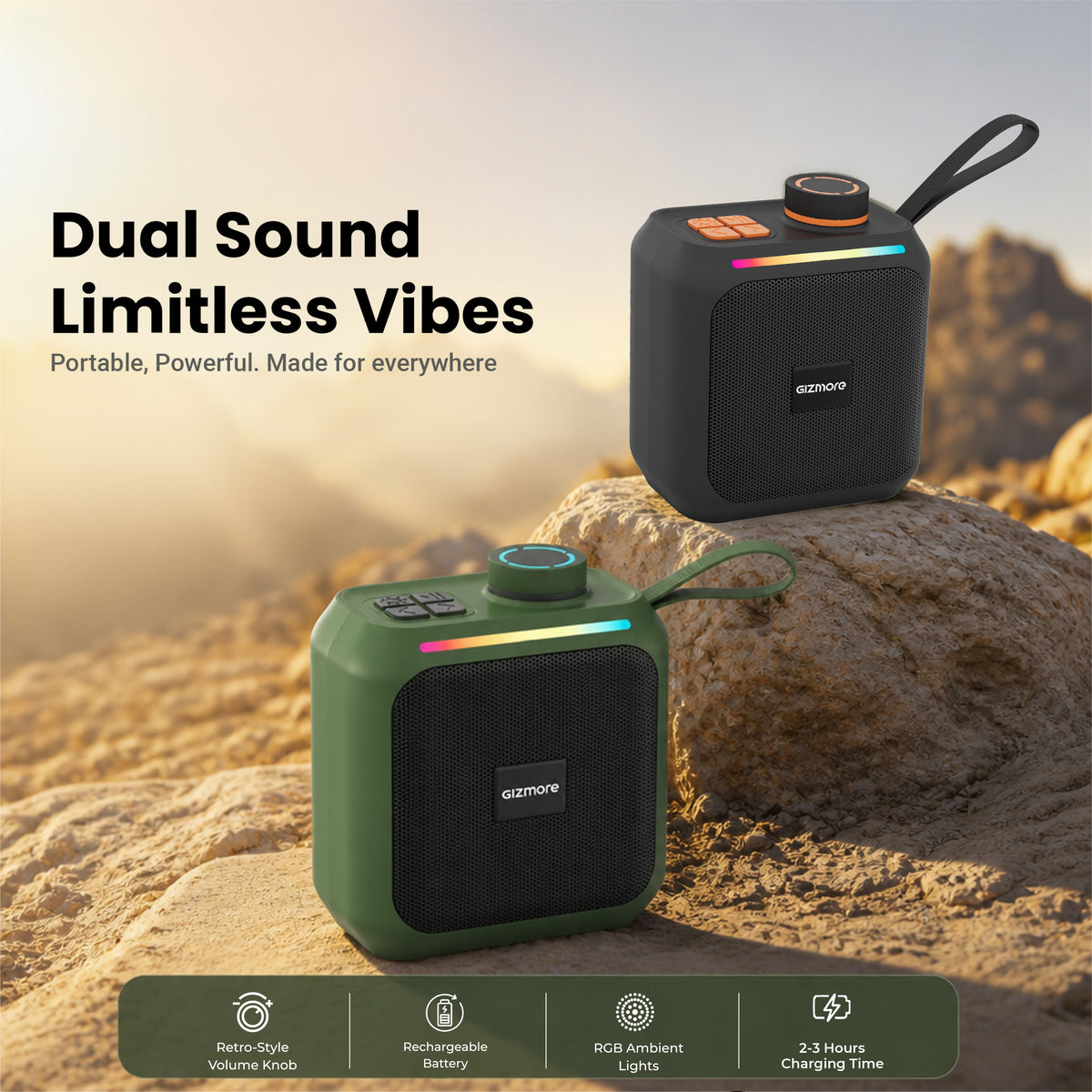 GIZMORE BeatPod 8W Bluetooth Speaker with Rubber Finish, Silicone Loop, TWS Pairing, Multiple Connectivity Options, Up to 4 Hours Playtime, Portable Design