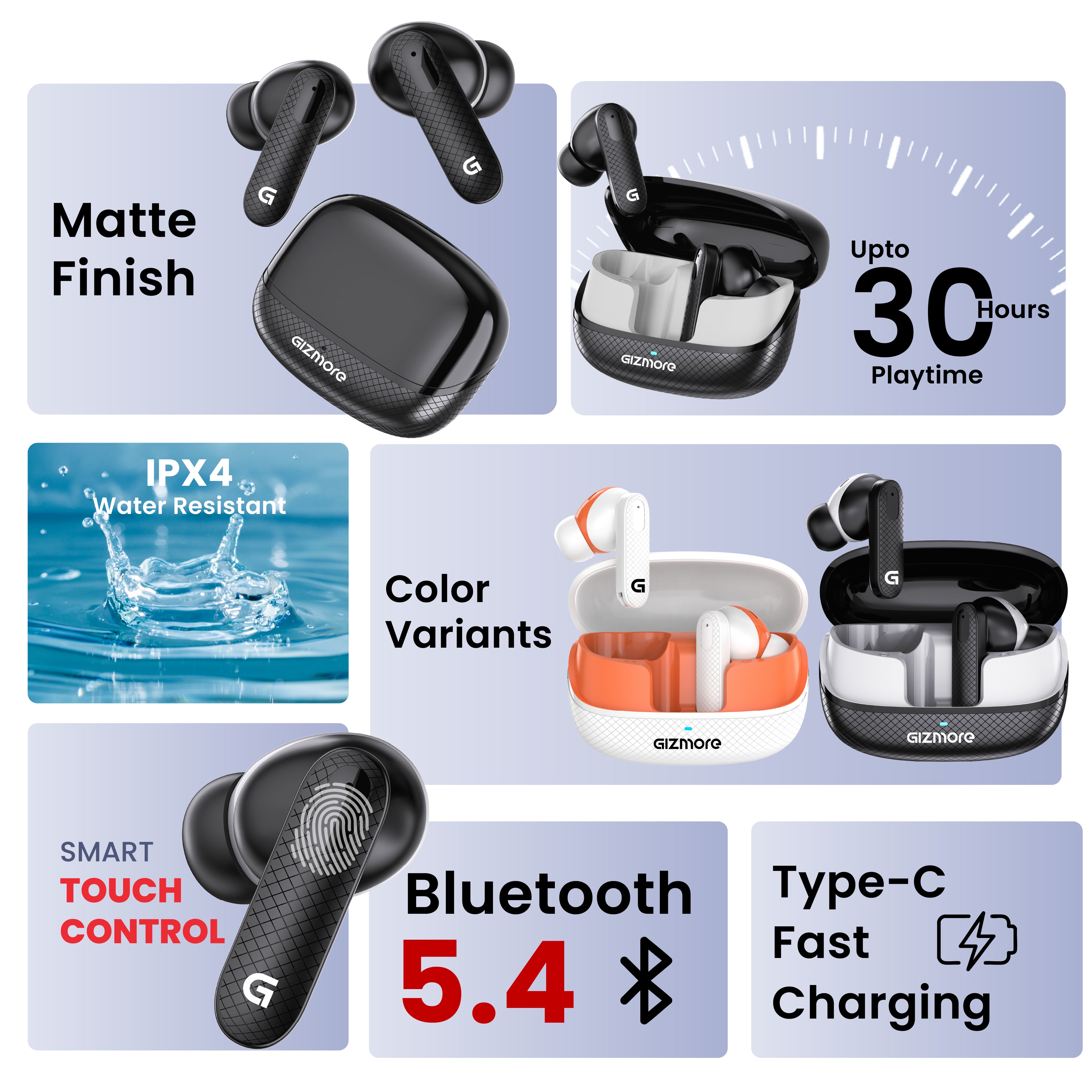 GIZBUD 870 Flippod TWS Earbuds | 30H Playtime | Vibrant Dual Tone Design, Matte finish | Type-C Fast Charging | Touch Controls | Voice Assistant Support
