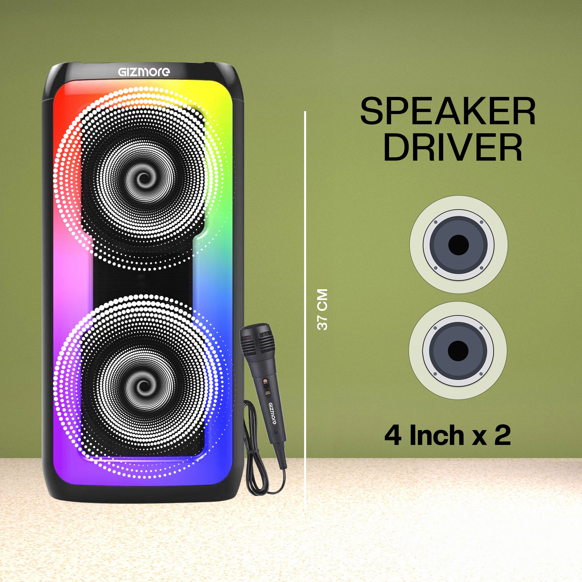 GIZMORE MS530 PLAY 30W With Karaoke Wired Mic BT Speaker/6HOUR Play Time /Loud & Clear Stereo Sound/Vivid RGB Lights/BT/USB/SD Card Playback, Portable & Type C Fast Charging (Black)