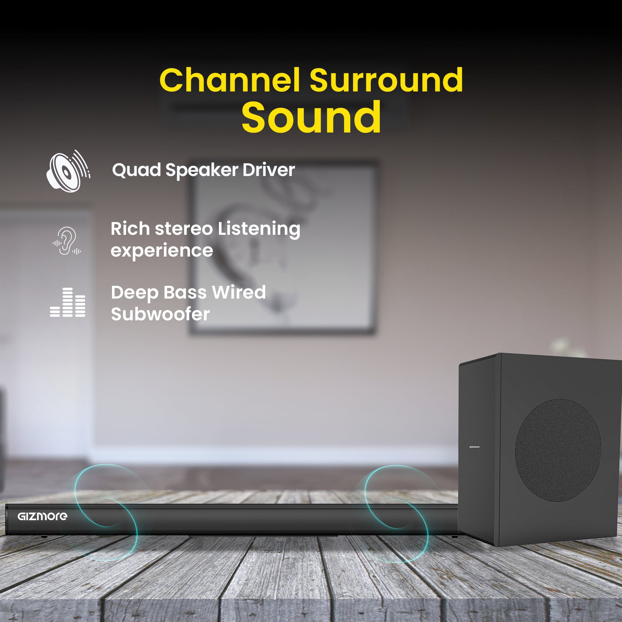 GIZMORE GIZBAR 280, 280W, 2.1 Channel Wired Soundbar with Subwoofer, HDMI(ARC), AUX, Optical, USB, Bluetooth, Slim Design, 3 EQ Modes, Surround Sound & Thunderous Bass.