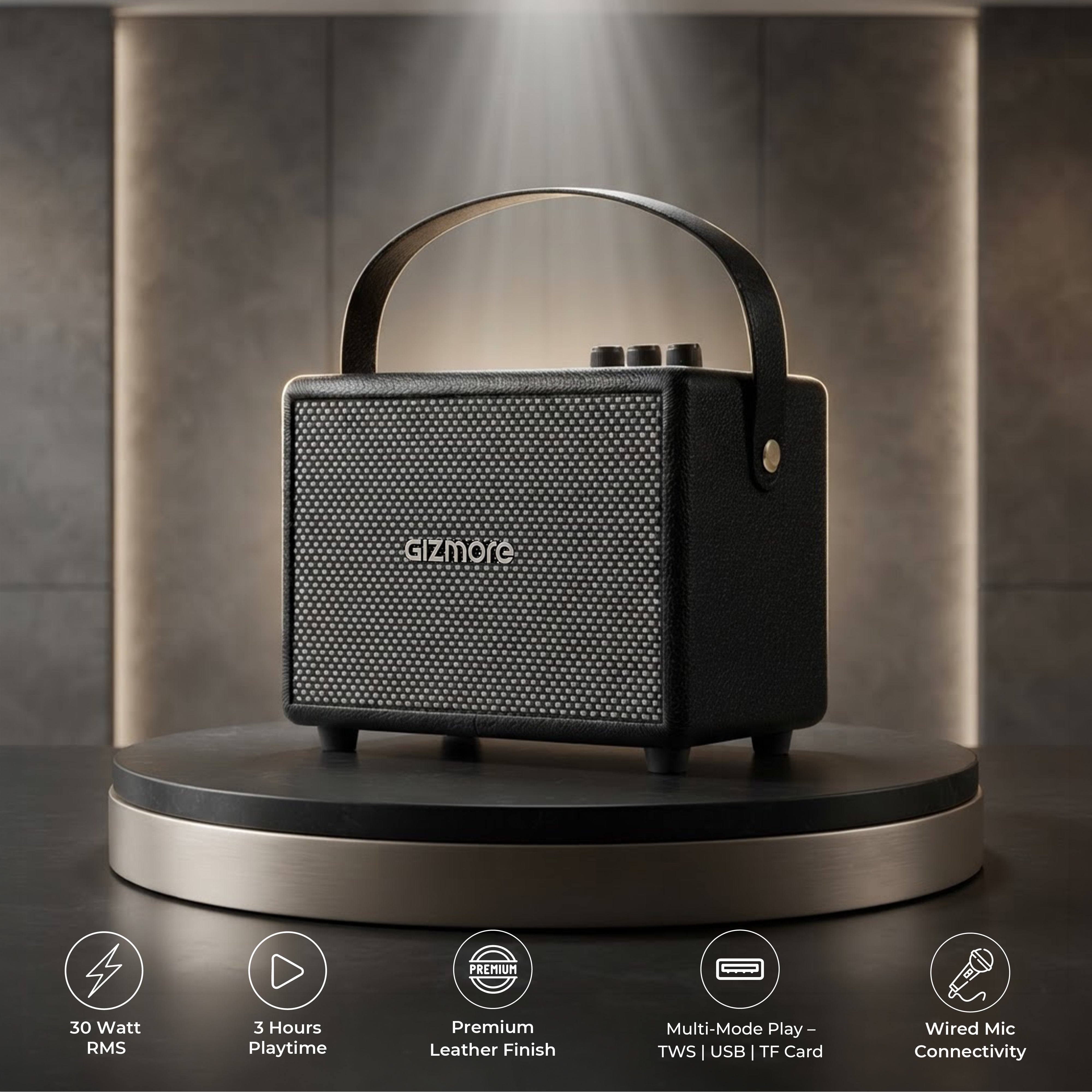 GIZMORE BEAT LUXE 30W RMS Bluetooth Speaker with Premium Wooden & Vegan Leather Finish, Portable Design, Up to 3 Hours Playtime, TWS Dual Pairing, Multi-Control Knobs, Carrying Strap