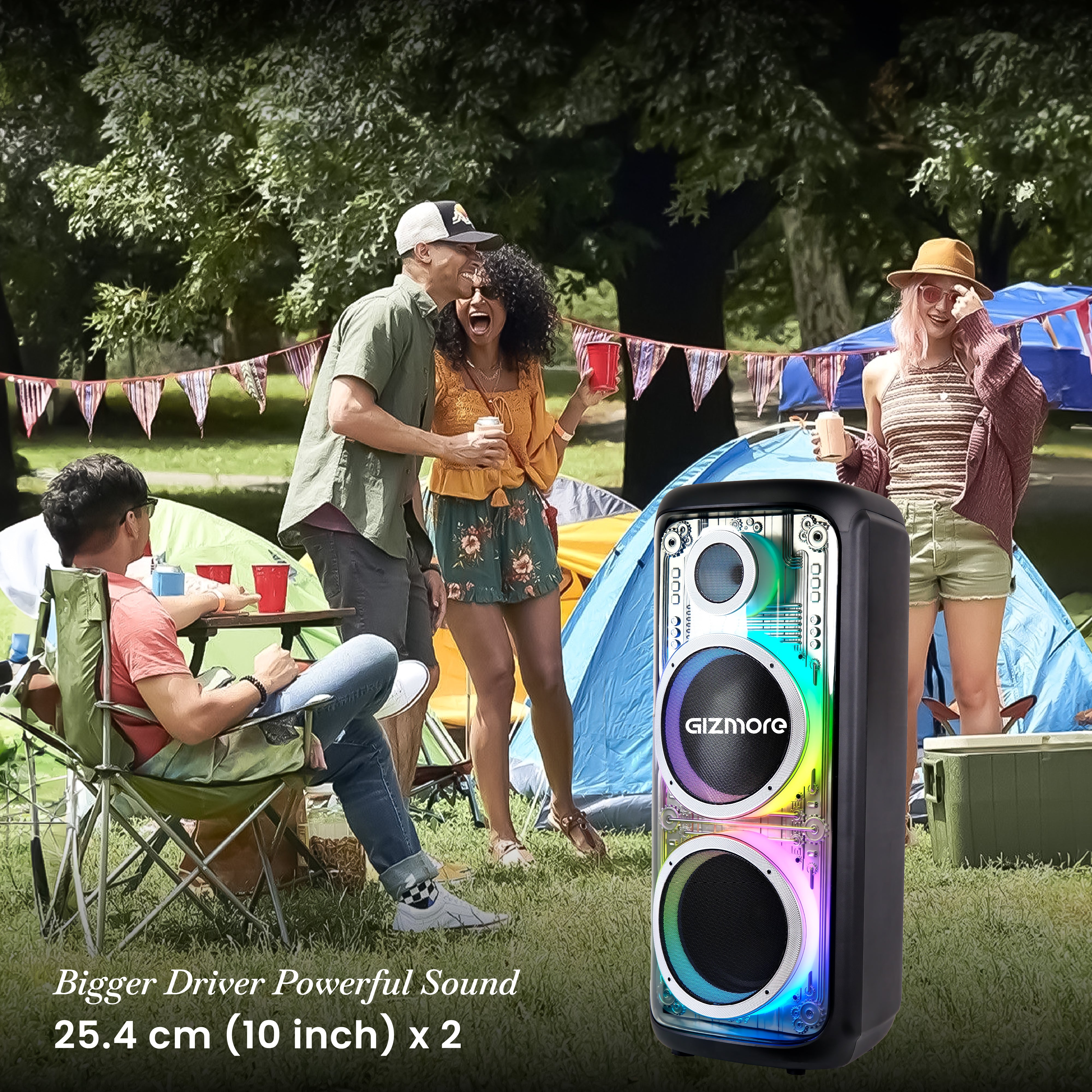 GIZMORE T400 MEGATRON 480W RMS Party Speaker with Dual Wireless Mics, RGB Spectrum Lights, Visible Acoustics, 8 Hours Playtime, TWS Function, Bluetooth/USB/AUX Connectivity