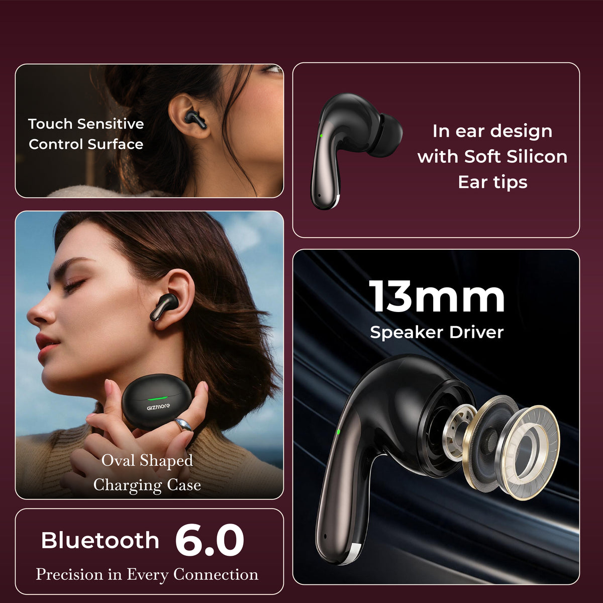 GIZMORE VibePod True Wireless Earbuds with 13mm Dynamic Driver, Up to 35 Hours Playtime, Comfortable Fit & Stylish Oval Design