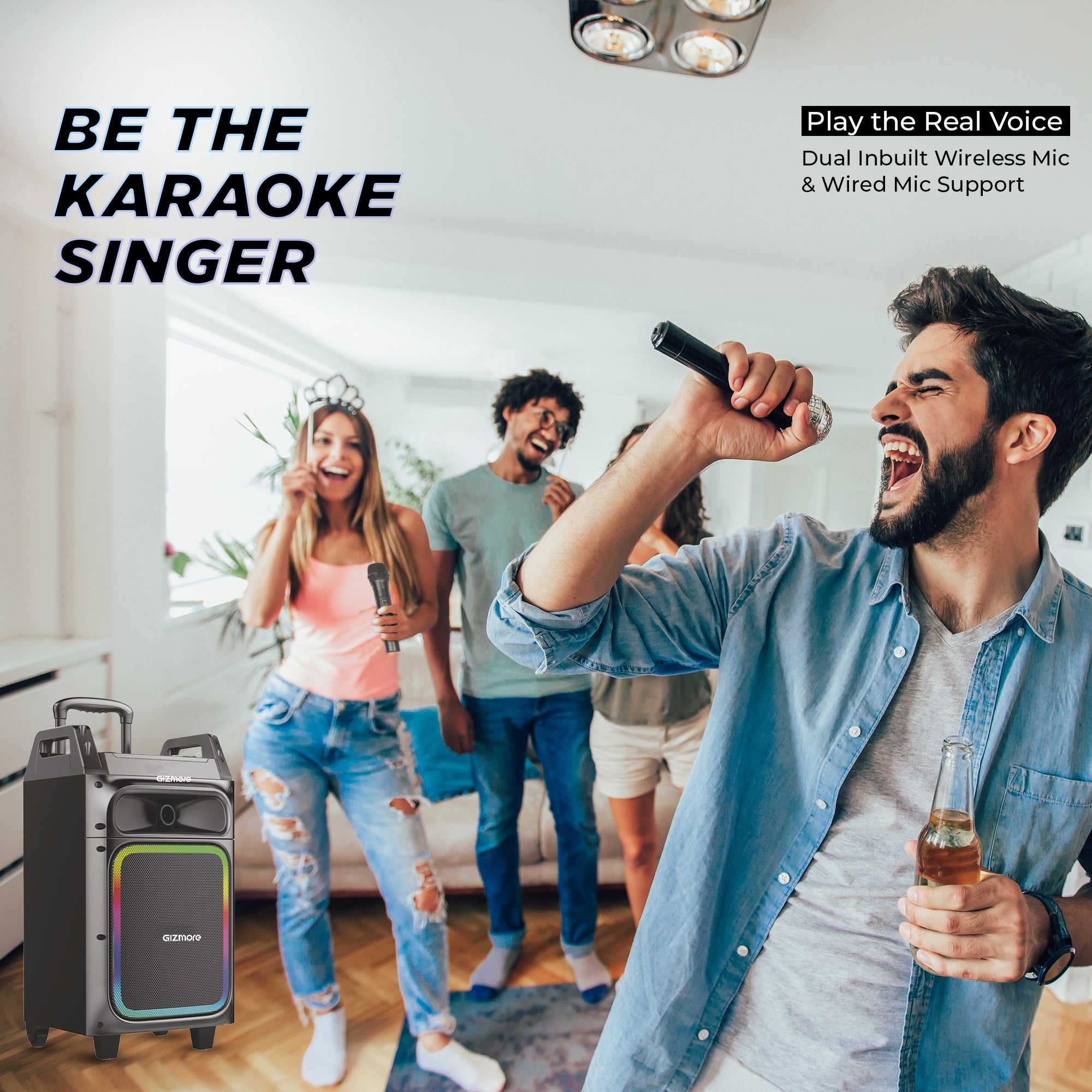 GIZMORE 80W T5000 Pro Trolley Party Speaker with Dual Wireless MIC, 4 Hrs Playtime, Supporting Digital LED Display, RGB Lights, Connect with Bluetooth, USB, FM, AUX & SD Card, Guitar and Remote Control