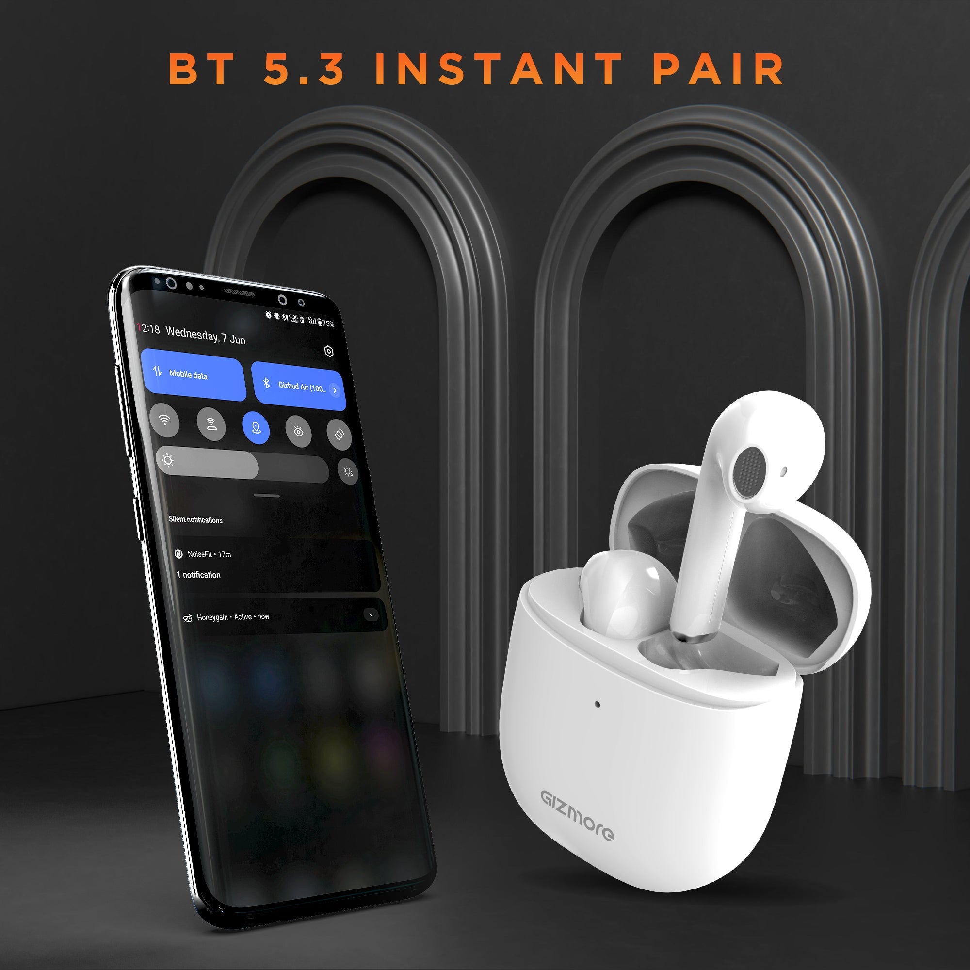 GIZMORE TWS 801 Air Massive Playback Upto 25 Hr, Voice Assistant & Type C Fast Charge Bluetooth Headset