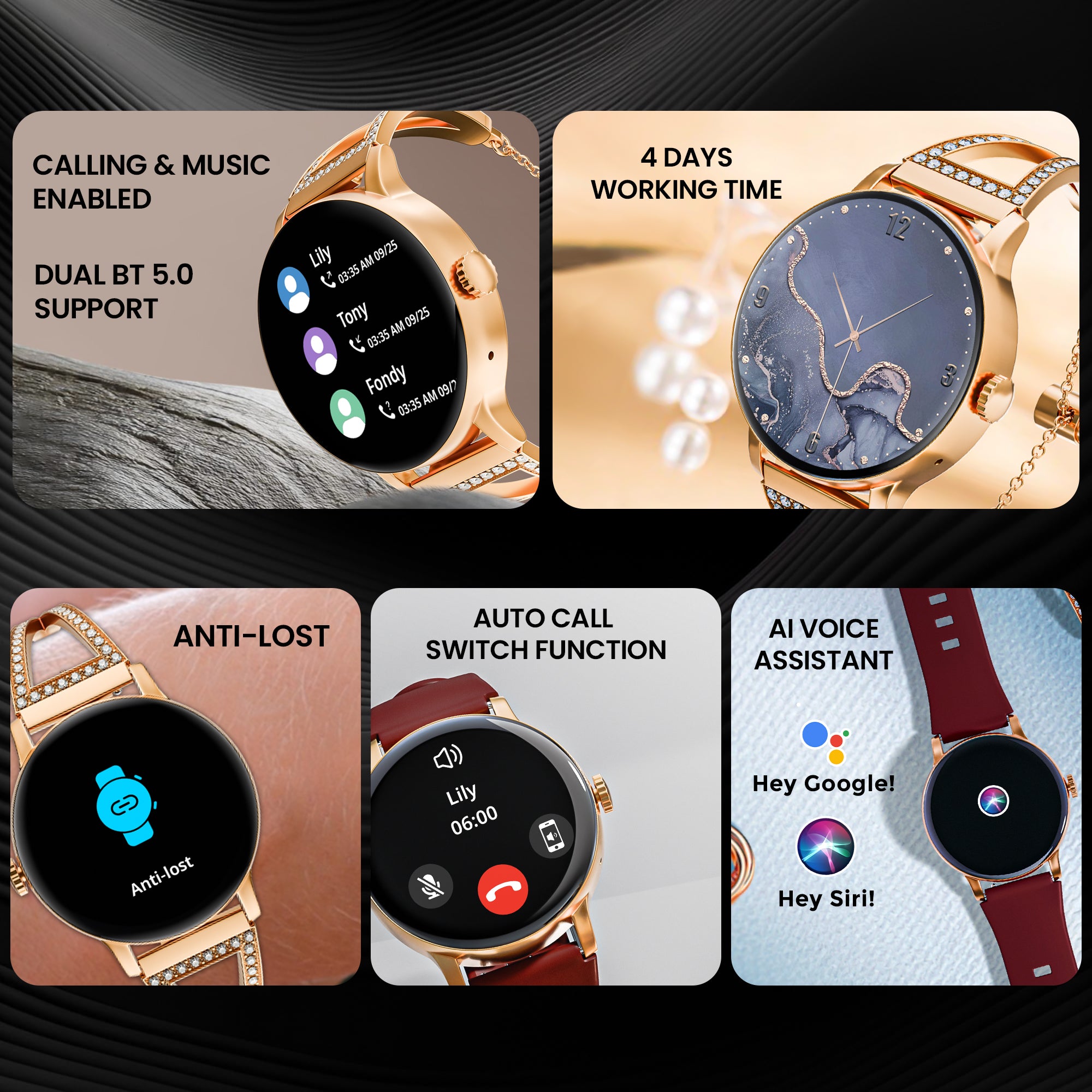 GIZMORE DAZZLE 1.10 Inch AMOLED Always-On Curved Display |1000 NITS | Female Cycle Tracker| Multi Sports Mode | Bluetooth Calling Smartwatch for Women with Bracelet & Free Silicon Strap (Rose Gold)