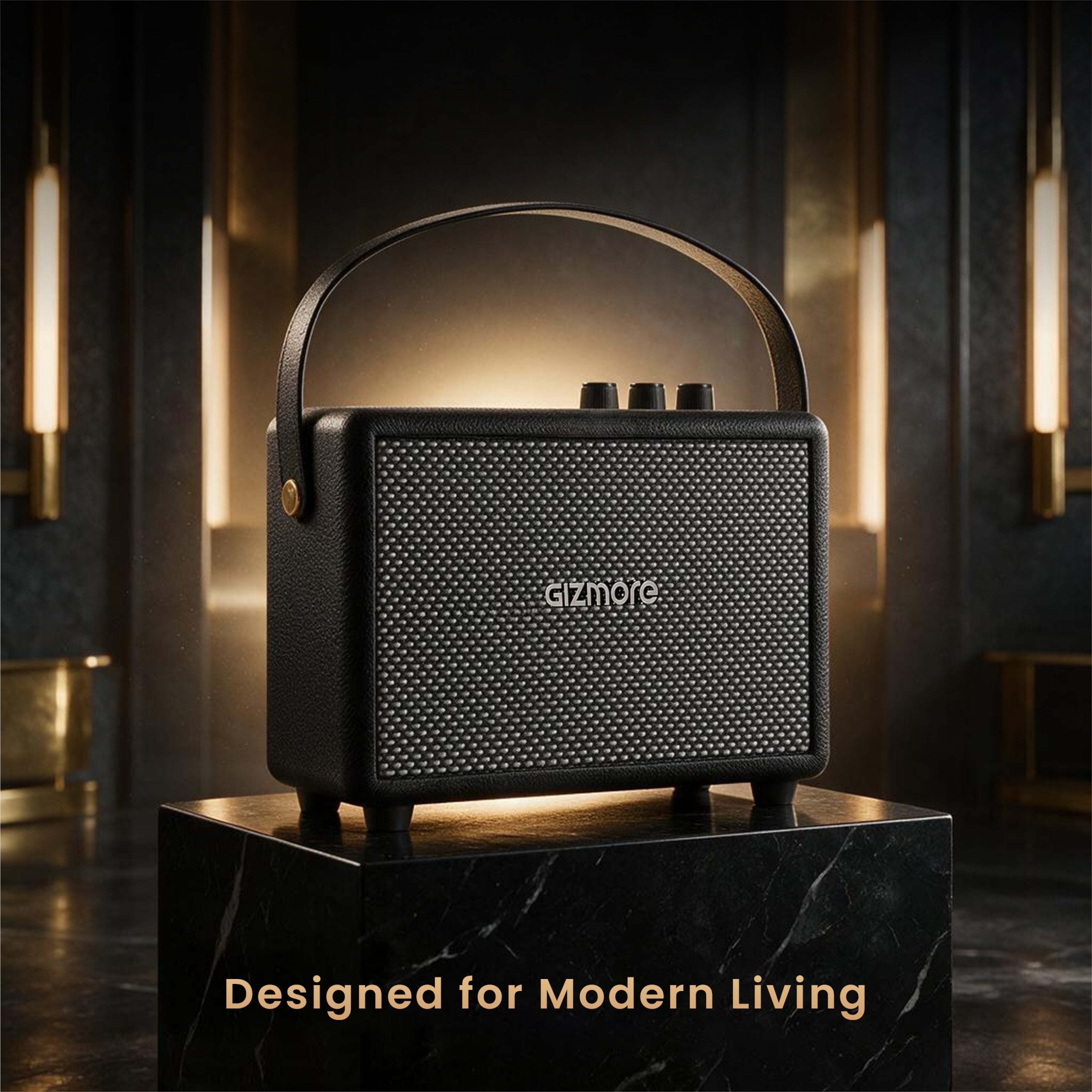 GIZMORE BEAT LUXE 30W RMS Bluetooth Speaker with Premium Wooden & Vegan Leather Finish, Portable Design, Up to 3 Hours Playtime, TWS Dual Pairing, Multi-Control Knobs, Carrying Strap