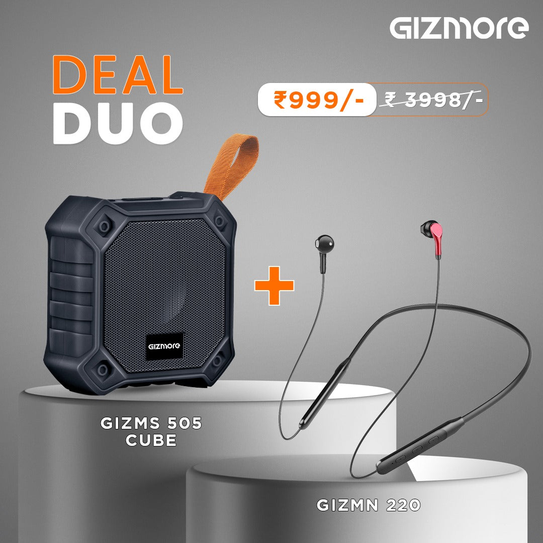 Gizmore Combo Cube 5W Speaker Rugged Design, TWS Function and 12 hrs Playtime with MN220 Wireless Bluetooth 5.0 in Ear Neckband| 20 Hours Playtime| 10 Min Charging Work Upto 2 hrs| Dual Pairing|360 Degree Surround Stereo| HD Microphone & Magnetic Earphone