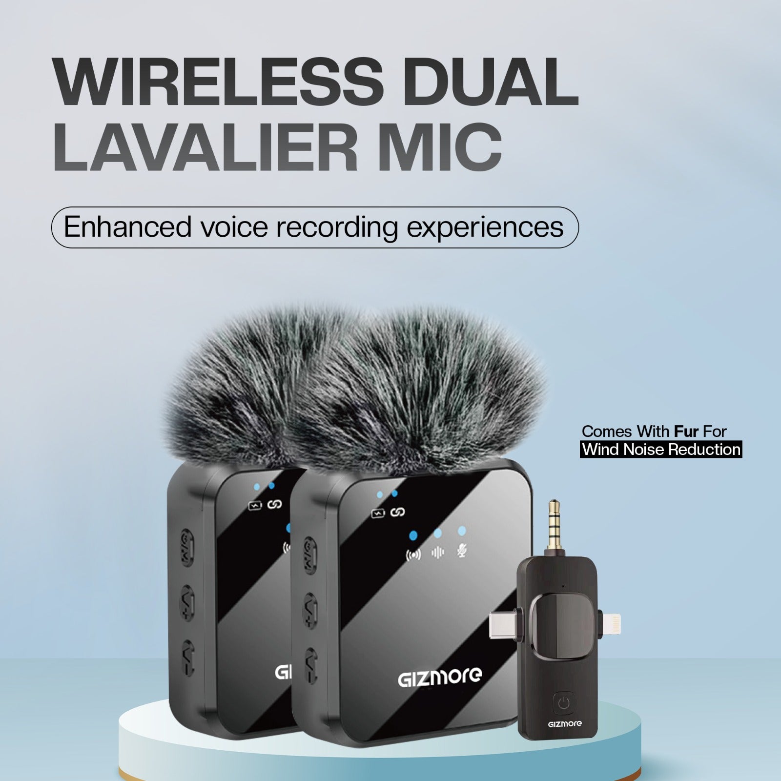 Gizmore  Dual wireless mic with noise cancellation – Plug & Play, Multiple modes,30m Range, HD Sound Quality, Up to 15 Hours working time , Omnidirectional Pickup, Type-C Port/Lightning/3.5mm Jack, – Perfect for Live Shows, Interviews, Vlogs etc
