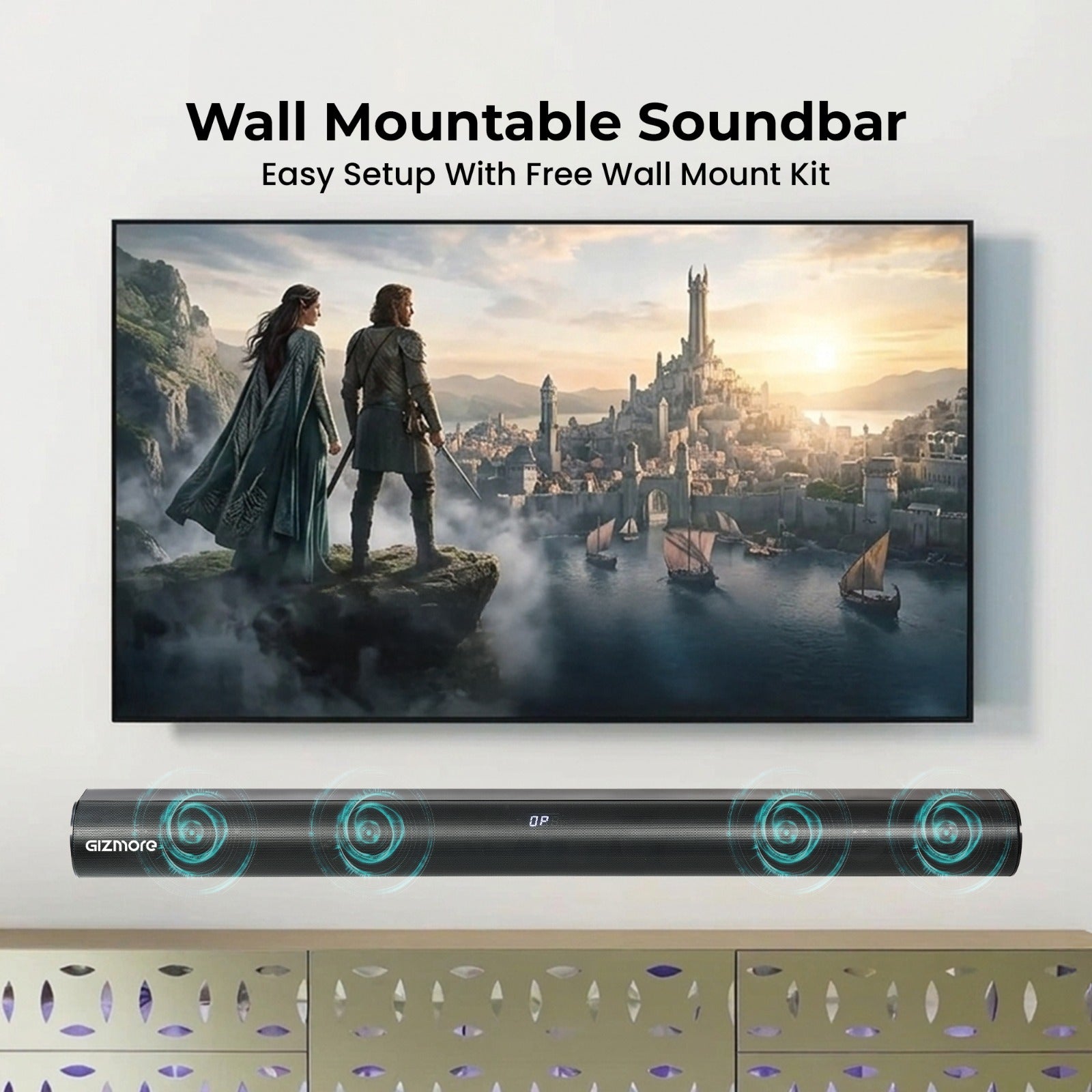 GIZBAR 360 300W Soundbar with 6.5" Subwoofer | 360° Theatre Sound | Multiple EQ Modes | HDMI, Optical, AUX Connectivity | Wall Mountable Design