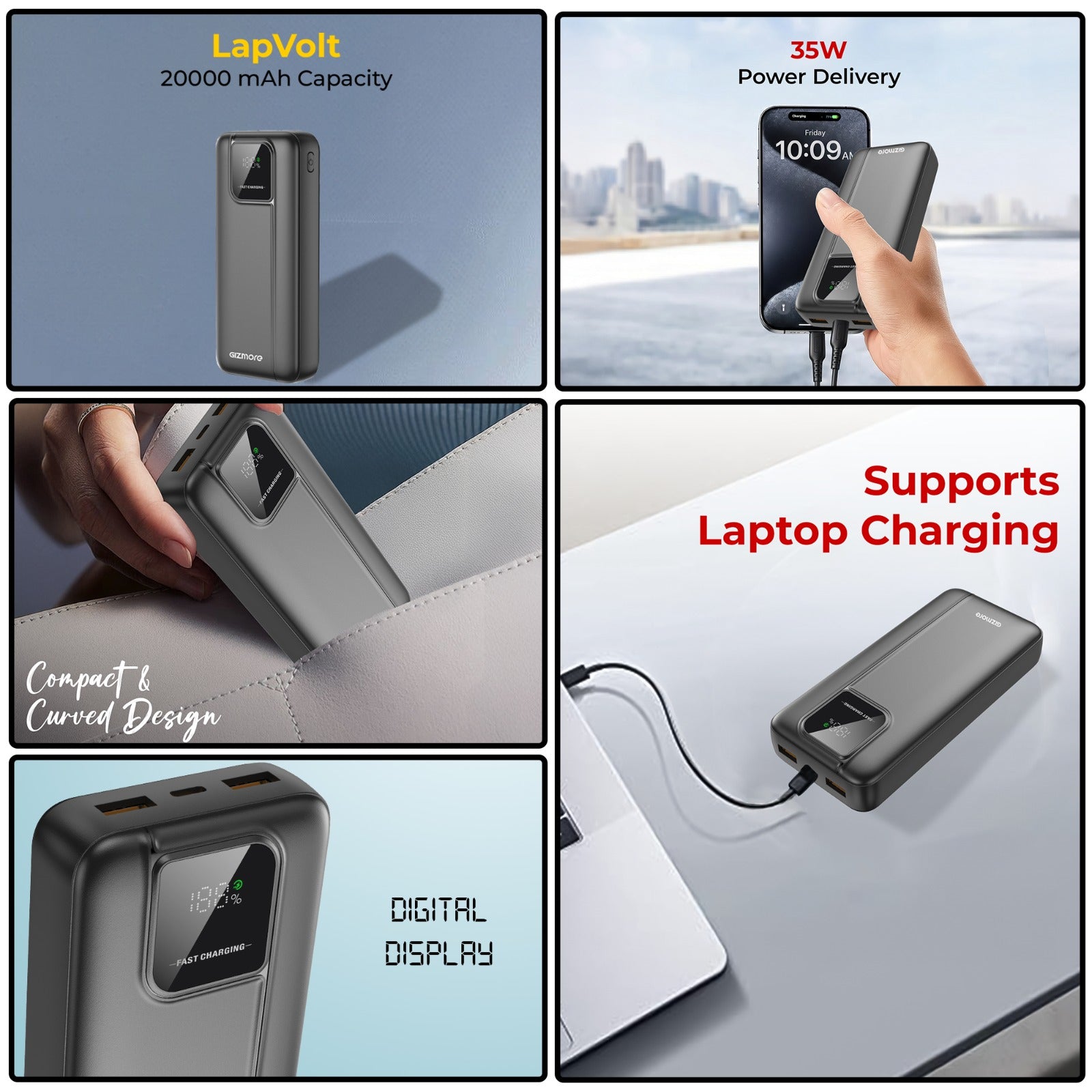 GIZ PD20K25 35W PD Power Bank 20000mAh with Type-C Input & Output, Dual USB Fast Charging, Supports Laptop Charging, Compact Portable design