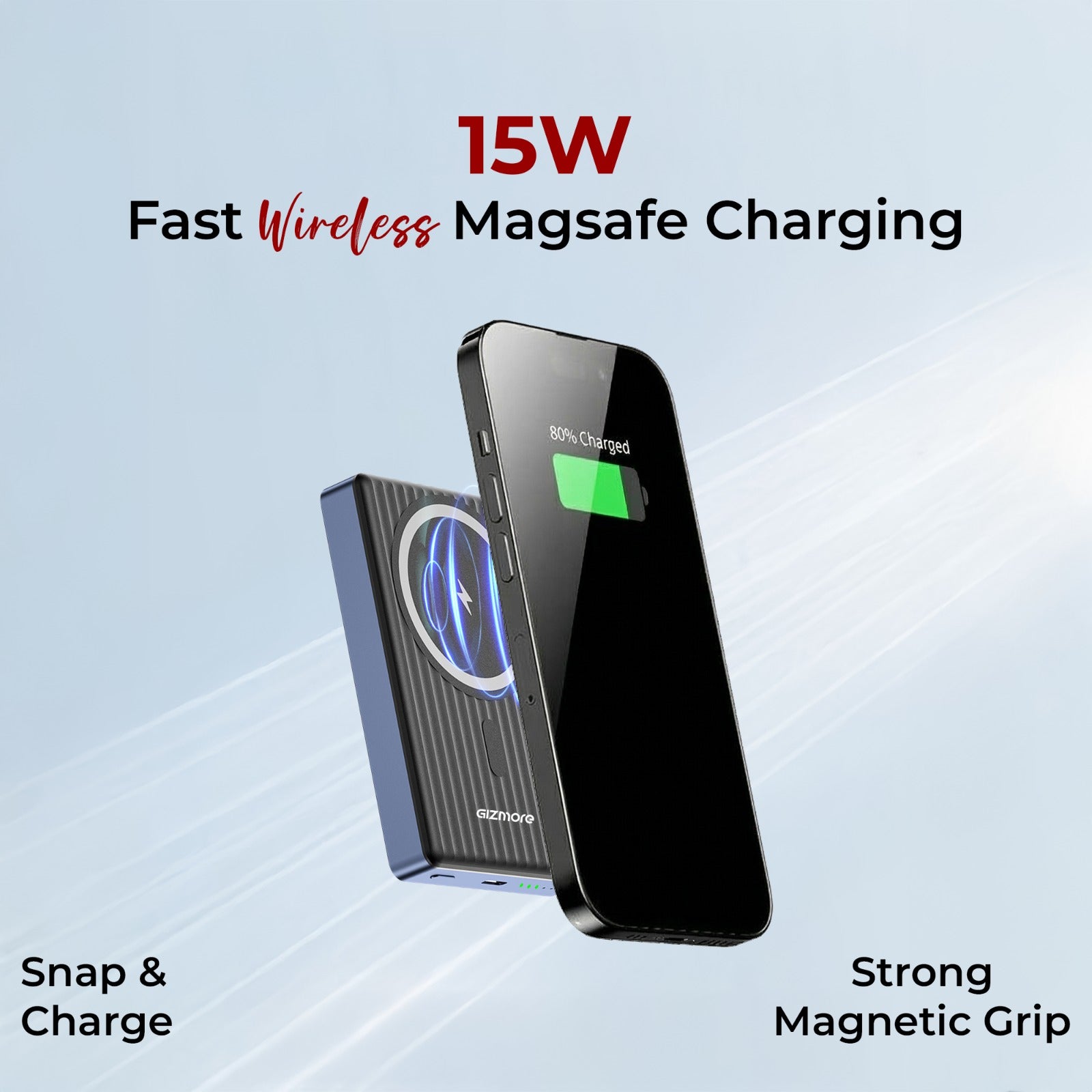 GIZMORE PD10K45 VoltGo iMag 10000mAh Magnetic Wireless Power Bank, 15W Wireless Charging, 20W Wired Charging, Soft-Touch Finish, Metallic Build, Portable Design for Compatible Magnetic Charging Devices