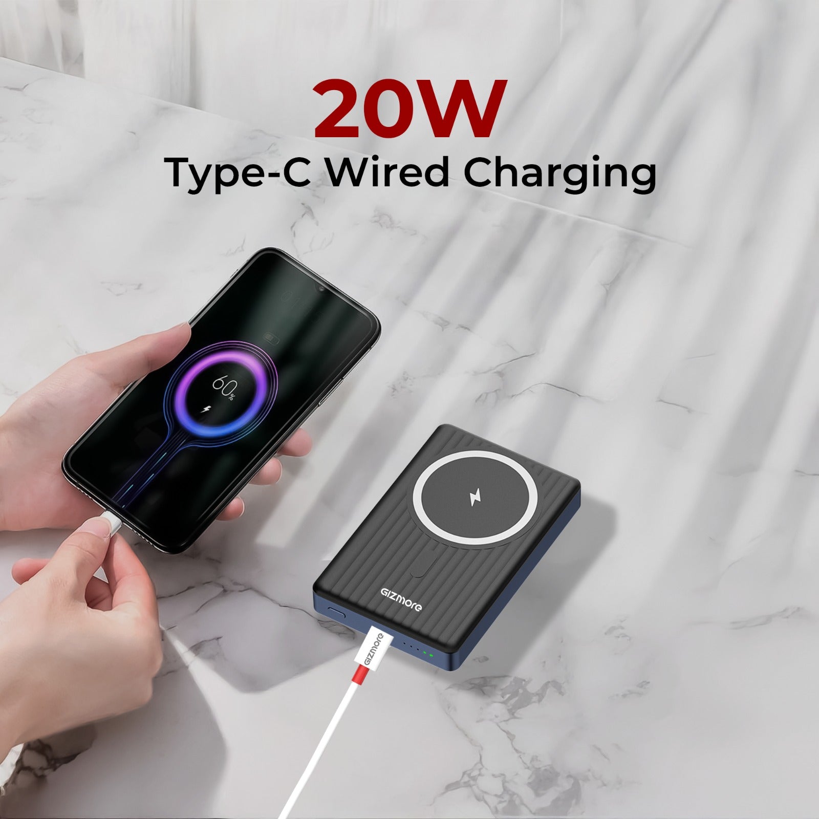 GIZMORE PD10K45 VoltGo iMag 10000mAh Magnetic Wireless Power Bank, 15W Wireless Charging, 20W Wired Charging, Soft-Touch Finish, Metallic Build, Portable Design for Compatible Magnetic Charging Devices