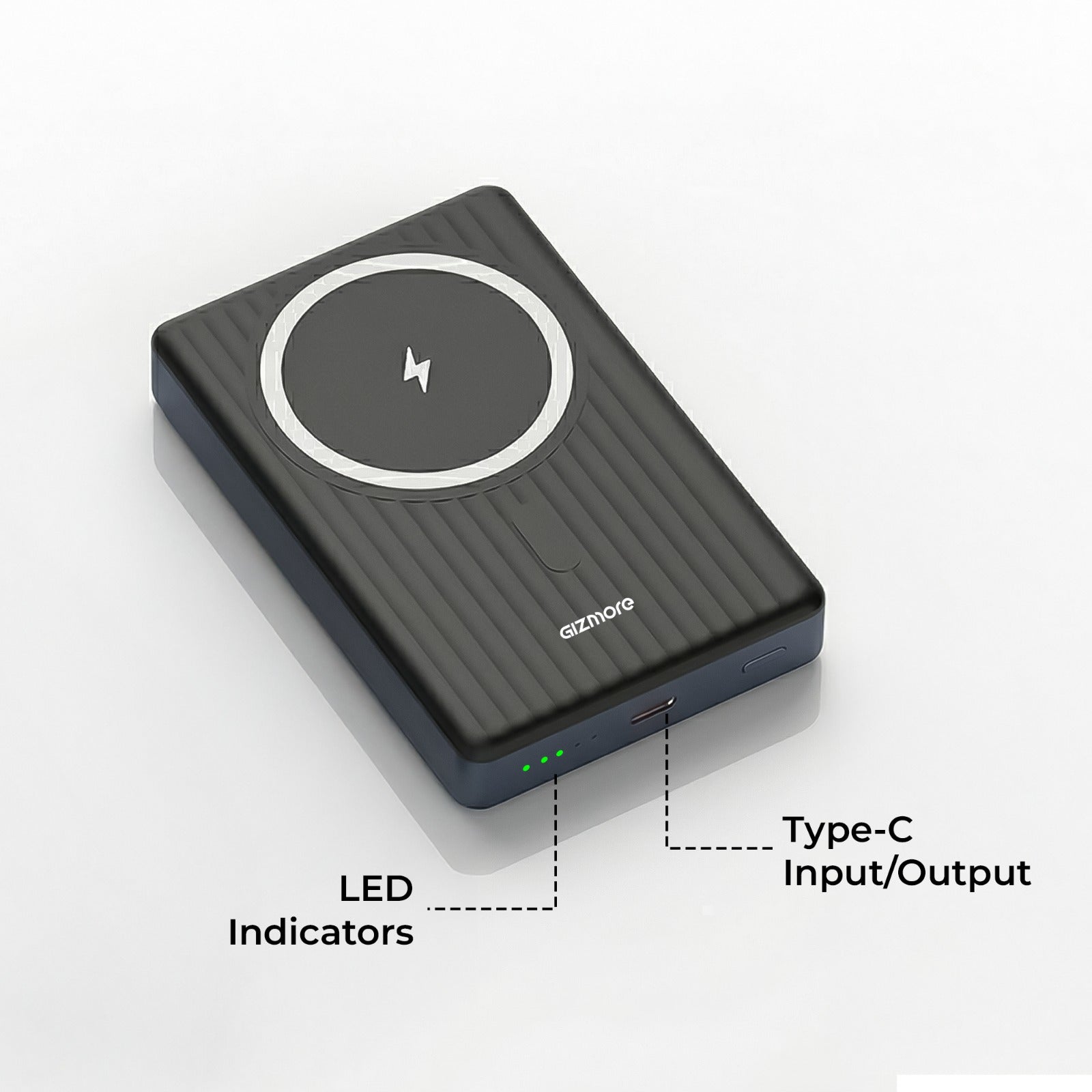 GIZMORE PD10K45 VoltGo iMag 10000mAh Magnetic Wireless Power Bank, 15W Wireless Charging, 20W Wired Charging, Soft-Touch Finish, Metallic Build, Portable Design for Compatible Magnetic Charging Devices
