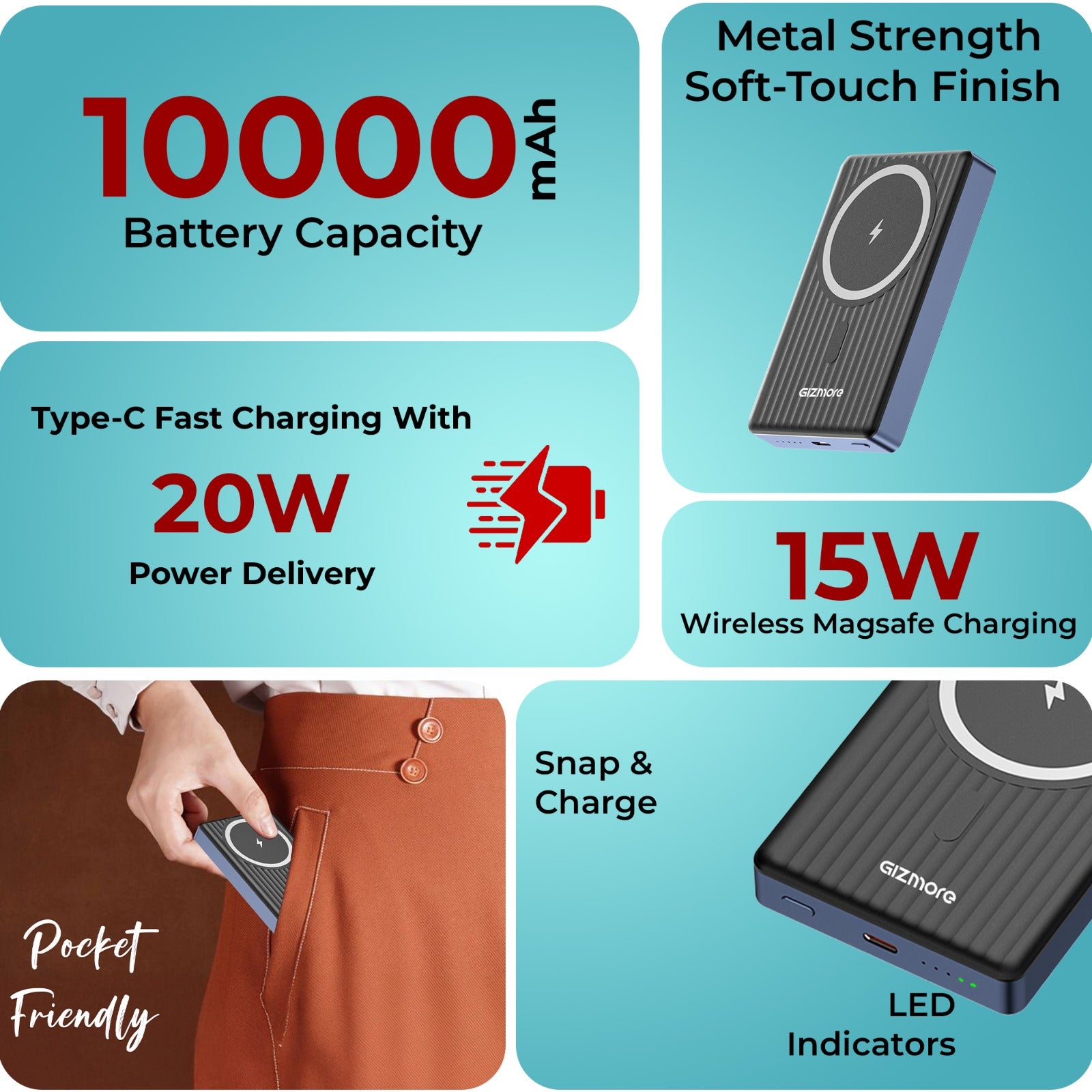GIZMORE PD10K45 VoltGo iMag 10000mAh Magnetic Wireless Power Bank, 15W Wireless Charging, 20W Wired Charging, Soft-Touch Finish, Metallic Build, Portable Design for Compatible Magnetic Charging Devices