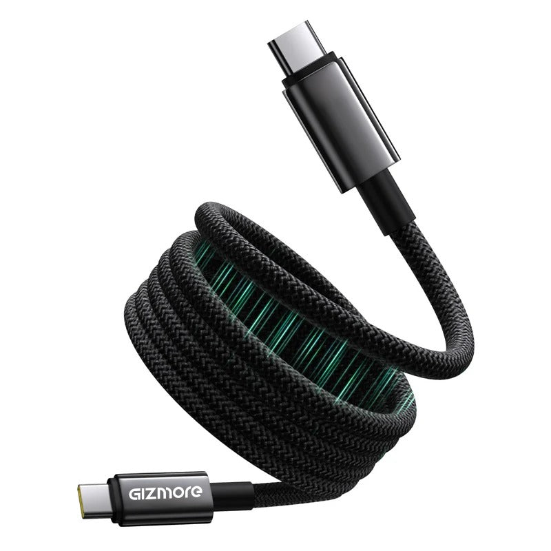 GIZMORE 240W Type-C to Type-C Magnetic Charging Cable | 1M Nylon Spiral Braided | Self-Winding Flat Design | Aluminum Zinc Alloy Connectors | Fast Charging & Data Transfer | Compatible with USB-C Devices