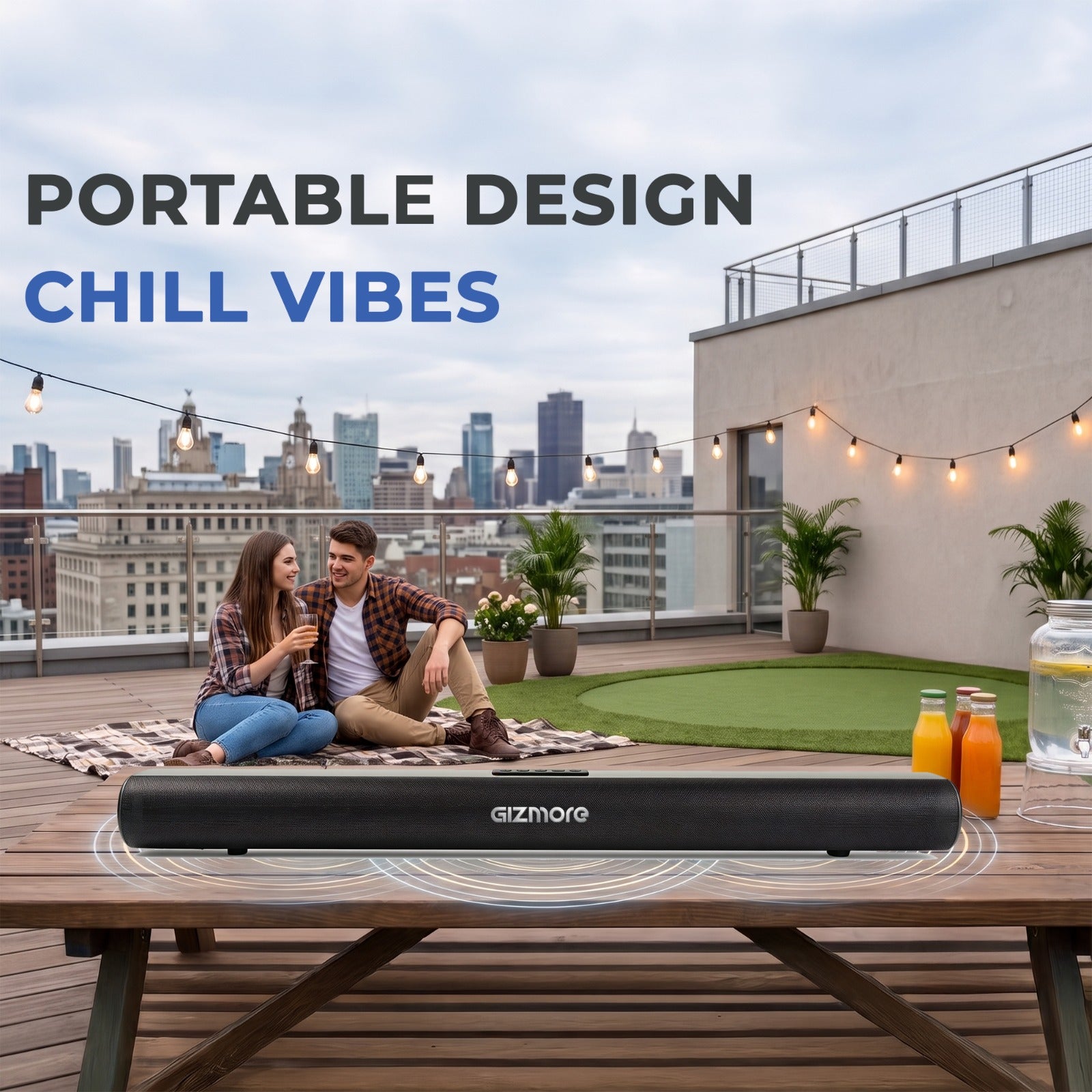 GIZBAR 30, 30W Powerful Soundbar with Dual Drivers, 3 Hours Playback, Built-in Rechargeable Battery, AUX/USB/TF/COAX & Bluetooth Connectivity, Wall Mountable Design for TV, Music & Movies