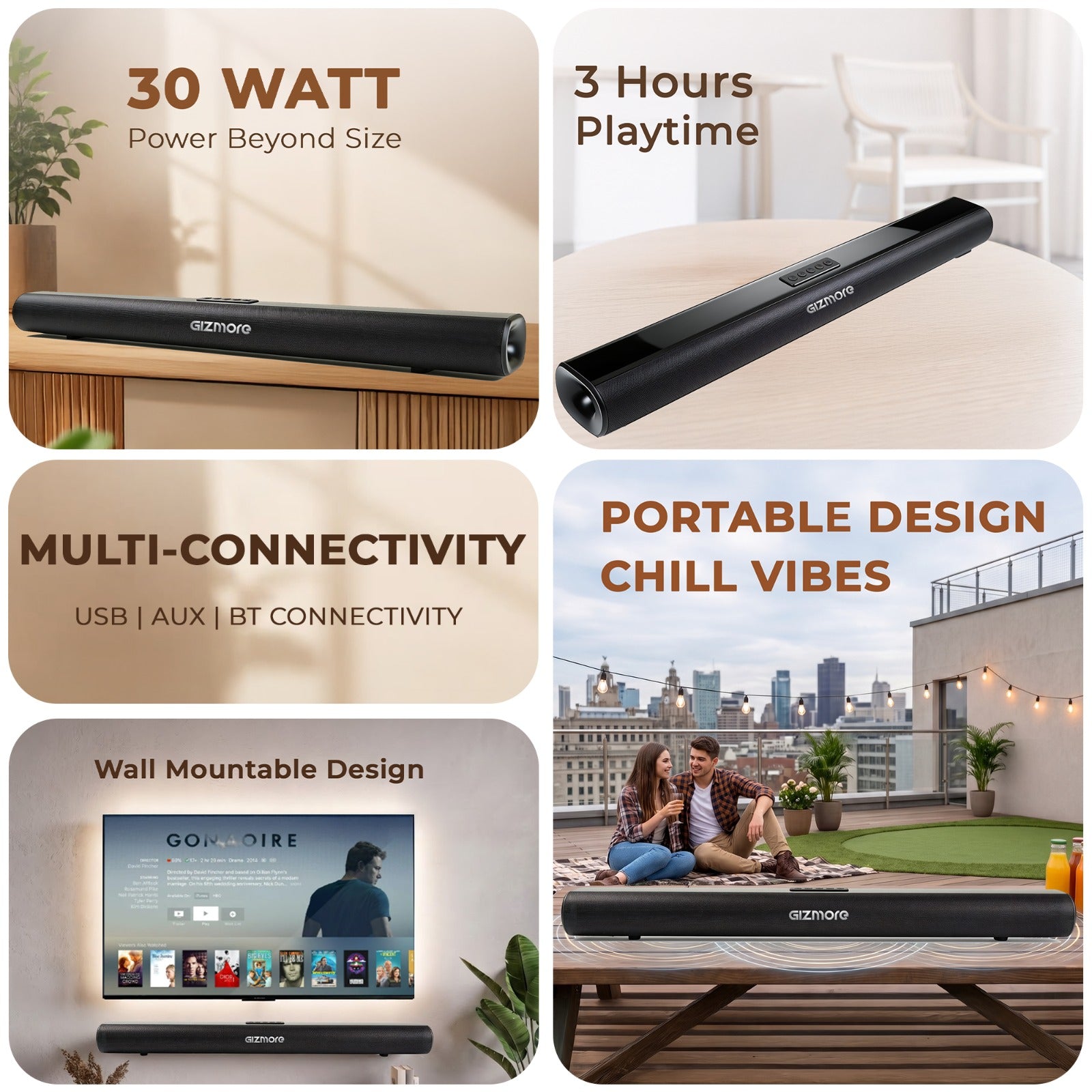 GIZBAR 30, 30W Powerful Soundbar with Dual Drivers, 3 Hours Playback, Built-in Rechargeable Battery, AUX/USB/TF/COAX & Bluetooth Connectivity, Wall Mountable Design for TV, Music & Movies