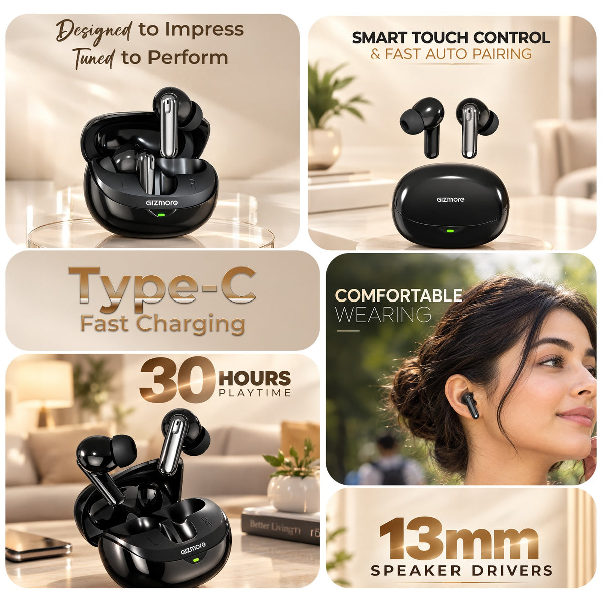 GIZMORE GIZBUD 870 MiniPod Wireless Earbuds with 13mm Driver, Touch Controls