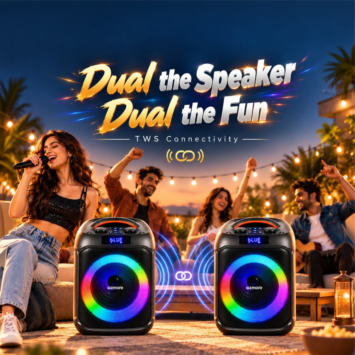 GIZMORE Thunder Bolt Neo 80W RMS Party Speaker with Wireless Mic