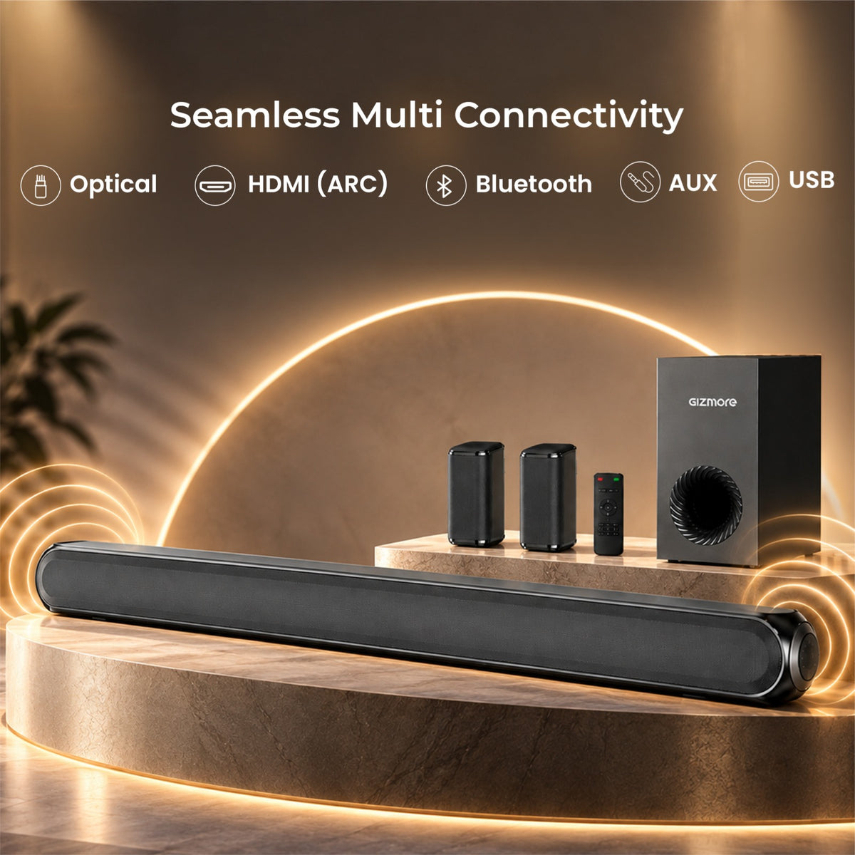 GIZMORE BAR320 MAX 360W 5.1 Channel Wired Soundbar System, Remote control multiple EQ modes, HDMI ARC, optical and Bluetooth connectivity