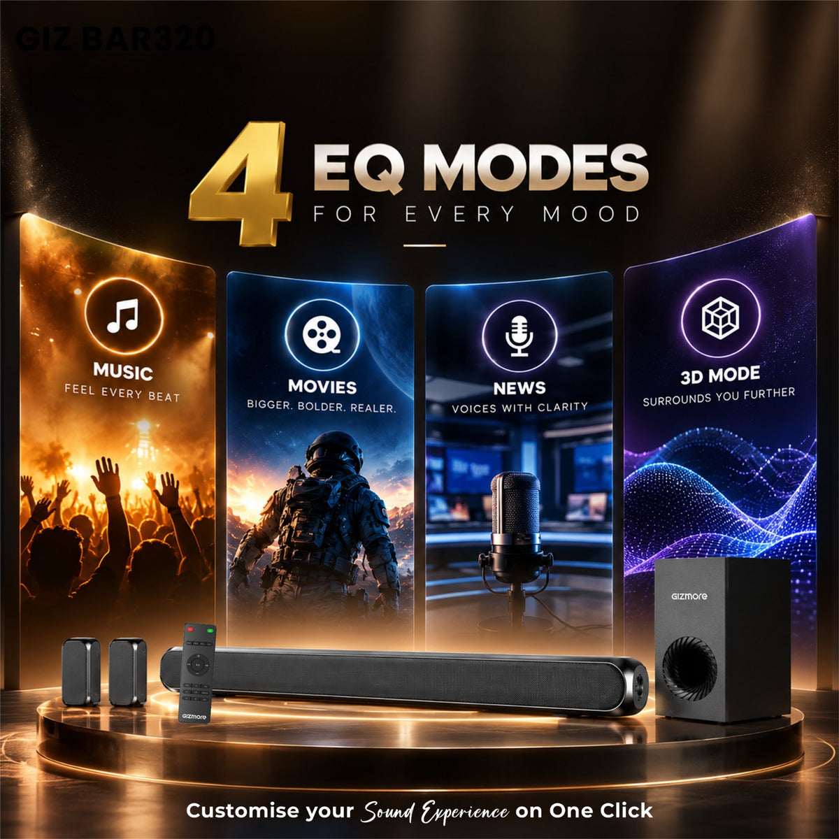 GIZMORE BAR320 MAX 360W 5.1 Channel Wired Soundbar System, Remote control multiple EQ modes, HDMI ARC, optical and Bluetooth connectivity