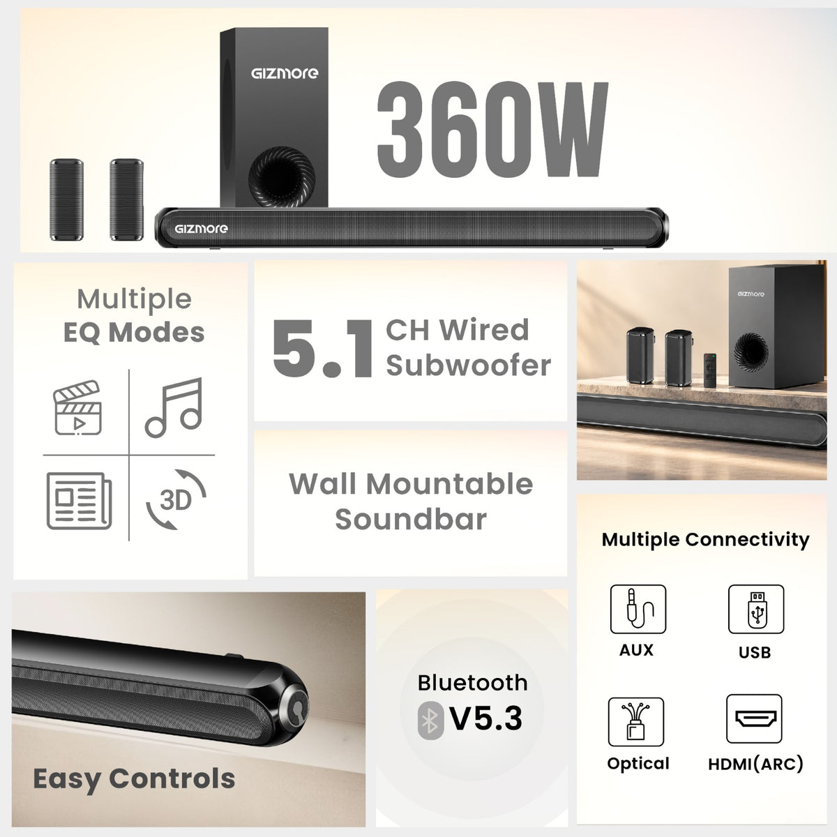 GIZMORE BAR320 MAX 360W 5.1 Channel Wired Soundbar System, Remote control multiple EQ modes, HDMI ARC, optical and Bluetooth connectivity