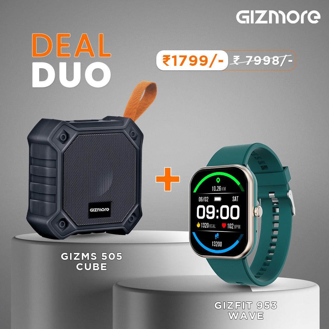 Gizmore Combo Cube 5W Speaker Rugged Design, TWS Function and 12 hrs Playtime and  GIZMORE Ultra Max 2.01 (5.11 cm) Always-On-Big Display | 600 NITS Brightness & Split Screen Bluetooth Calling Smart Watch