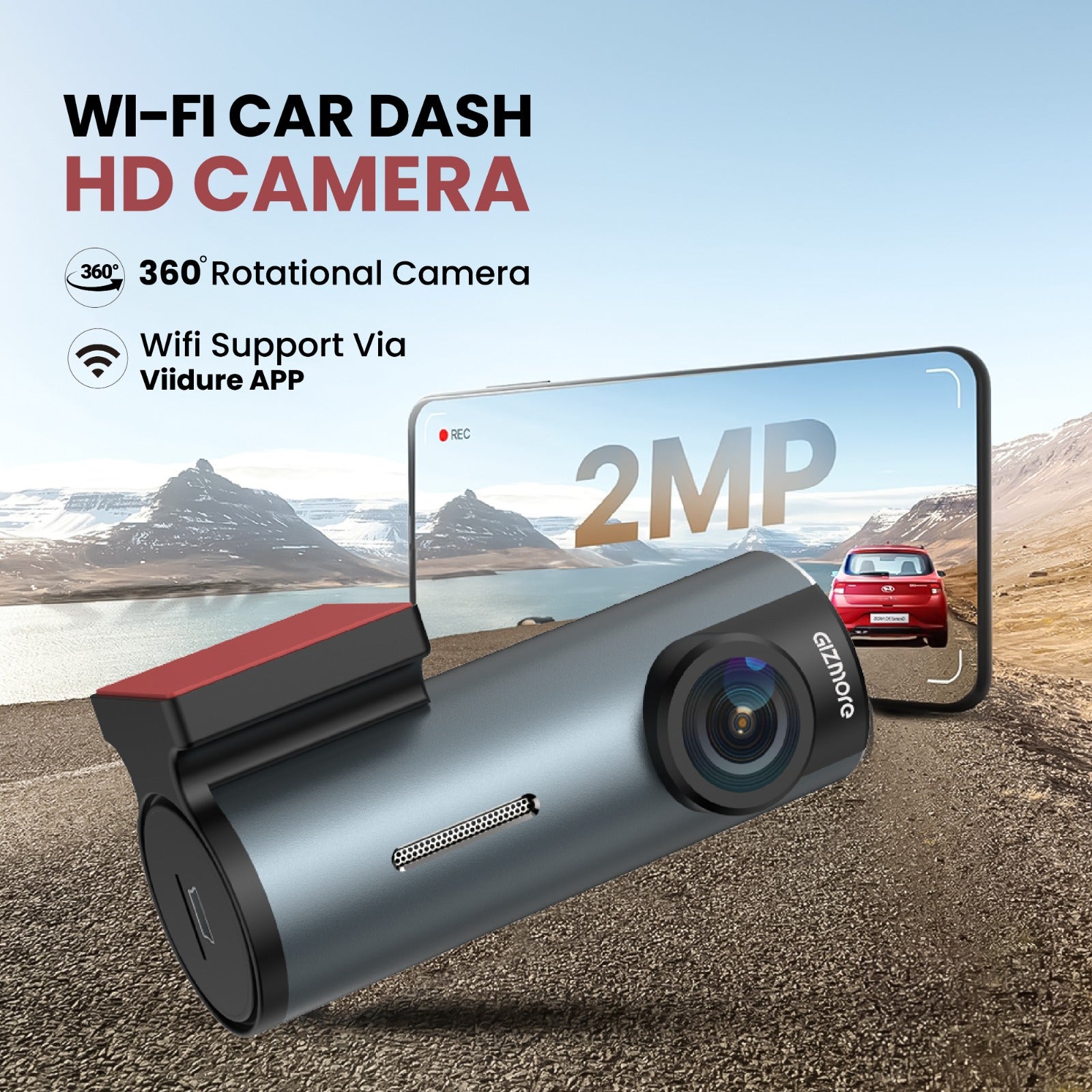 Gizmore Auto Sight Wi-Fi Dash Camera – USB Plug & Play, 360° Rotatable Design, 2MP FHD 1080p Recording, Loop Recording, 145° Wide View, Super Night Vision, Wi-Fi Support with Viidure App for Easy Viewing