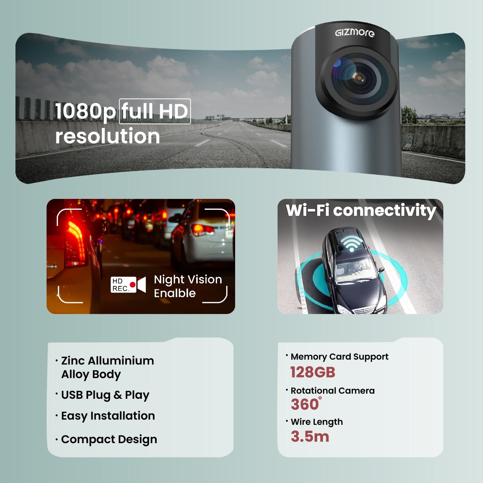 Gizmore Auto Sight Wi-Fi Dash Camera – USB Plug & Play, 360° Rotatable Design, 2MP FHD 1080p Recording, Loop Recording, 145° Wide View, Super Night Vision, Wi-Fi Support with Viidure App for Easy Viewing