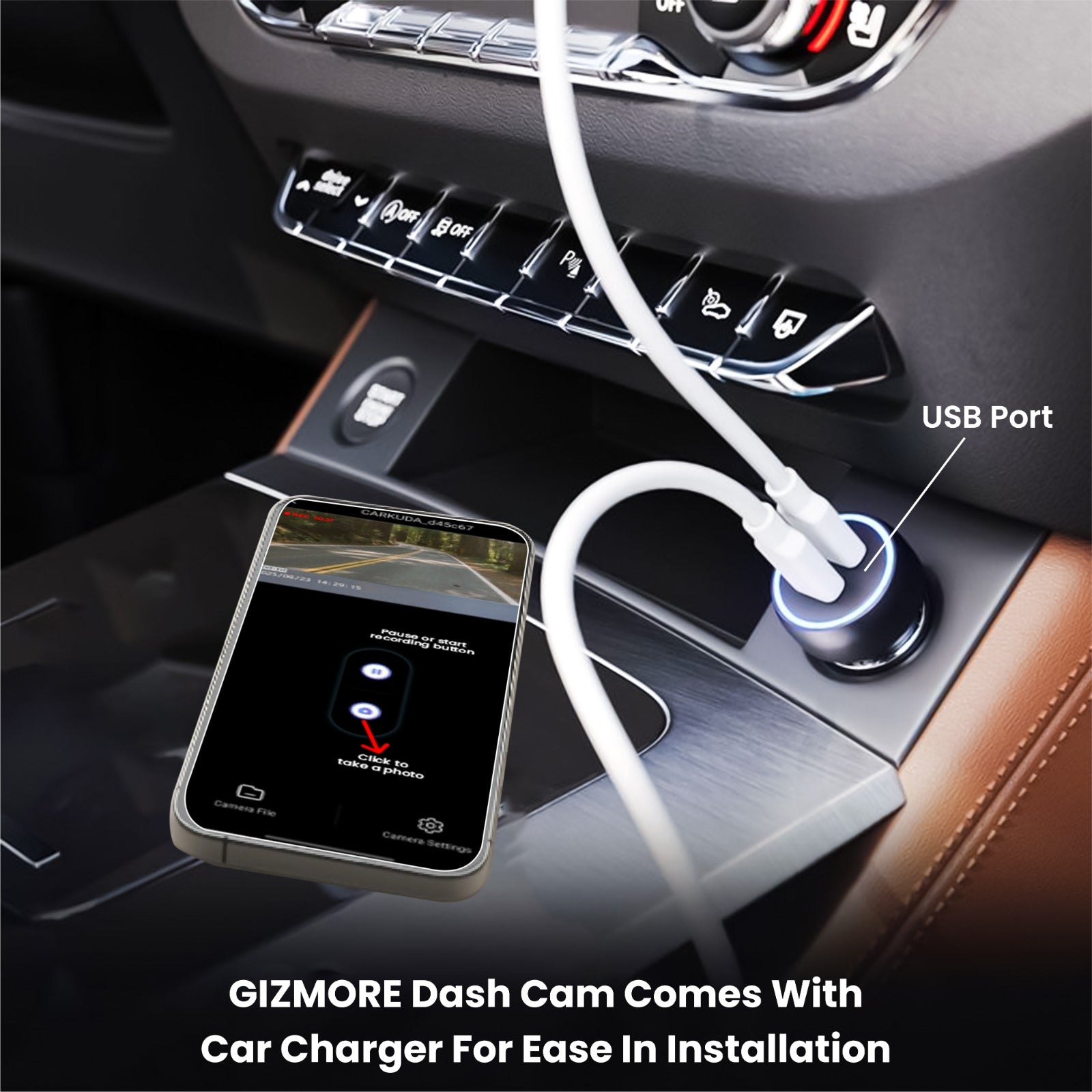 Gizmore Auto Sight Wi-Fi Dash Camera – USB Plug & Play, 360° Rotatable Design, 2MP FHD 1080p Recording, Loop Recording, 145° Wide View, Super Night Vision, Wi-Fi Support with Viidure App for Easy Viewing