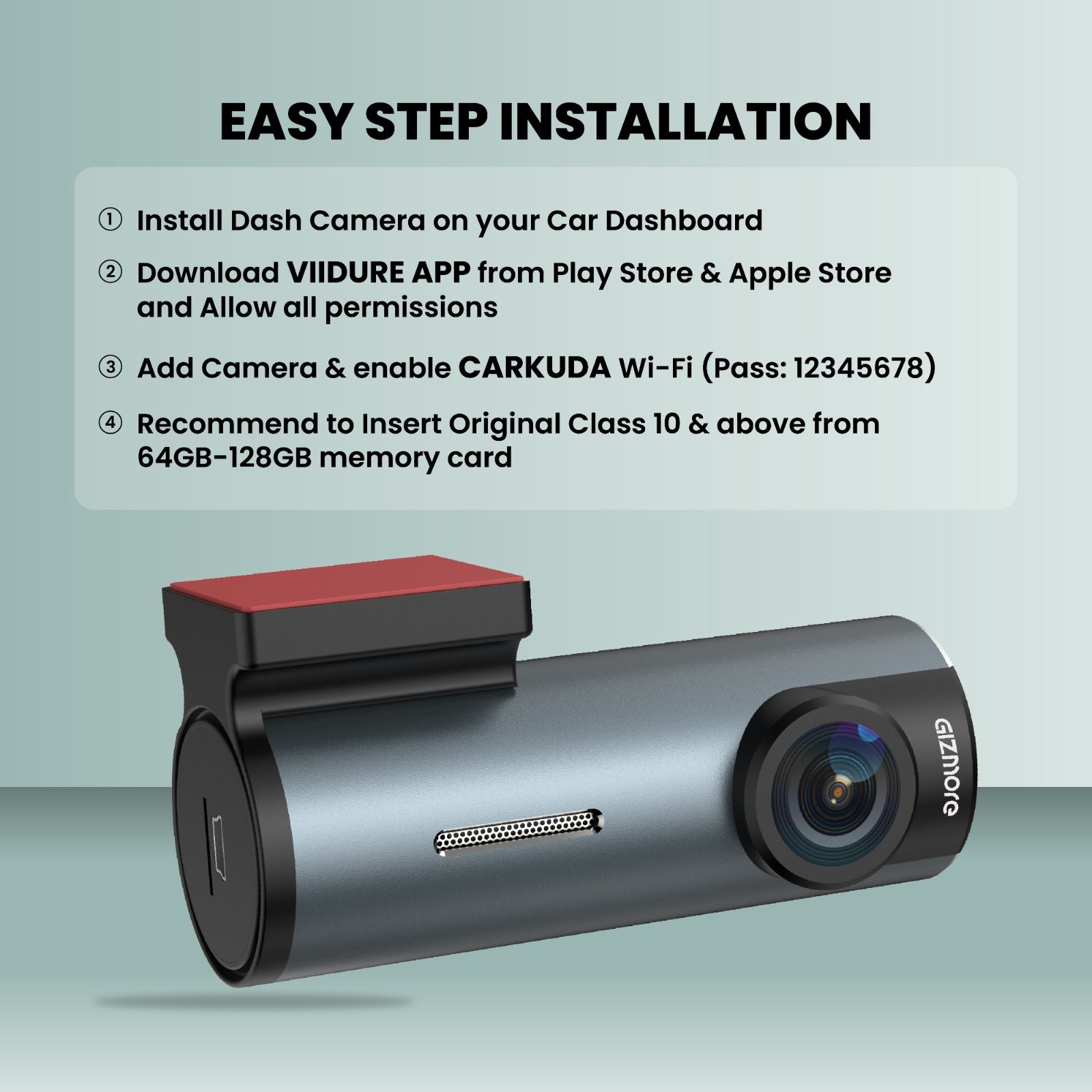 Gizmore Auto Sight Wi-Fi Dash Camera – USB Plug & Play, 360° Rotatable Design, 2MP FHD 1080p Recording, Loop Recording, 145° Wide View, Super Night Vision, Wi-Fi Support with Viidure App for Easy Viewing