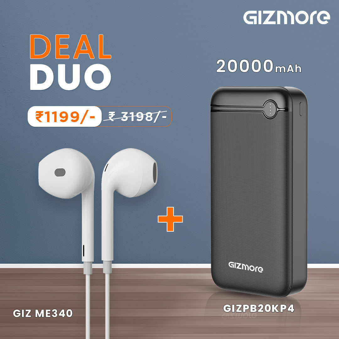 Gizmore  Combo ME340 In-Ear Wired Earphones with Extra Deep Bass, Stereo Sound and HD Microphone and PB20KP4 20000mAh 12W Power Bank