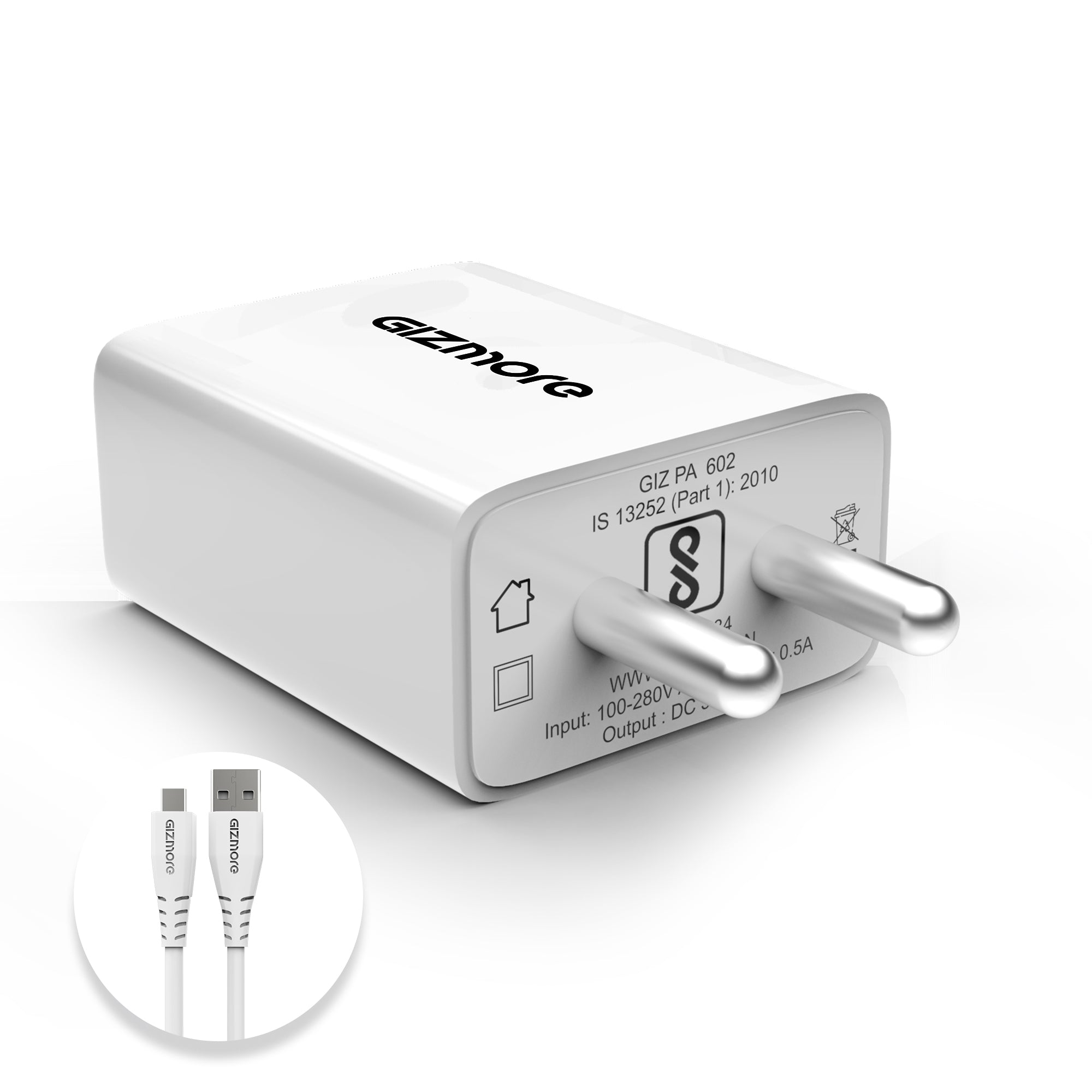 GIZMORE PA602 Pro 2.4A 5V Charger with Detachable Cable