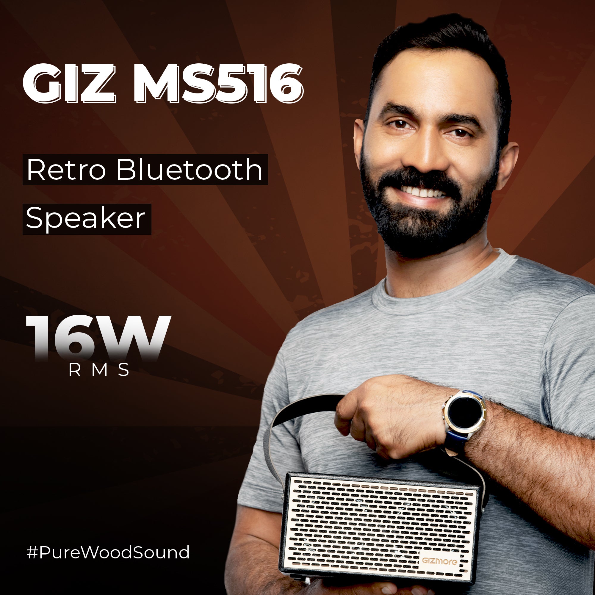 Gizmore GIZ MS516 Portable Speaker| Wooden Cabinet With Leather Strap, 5H Playback 16 W Bluetooth Party Speaker