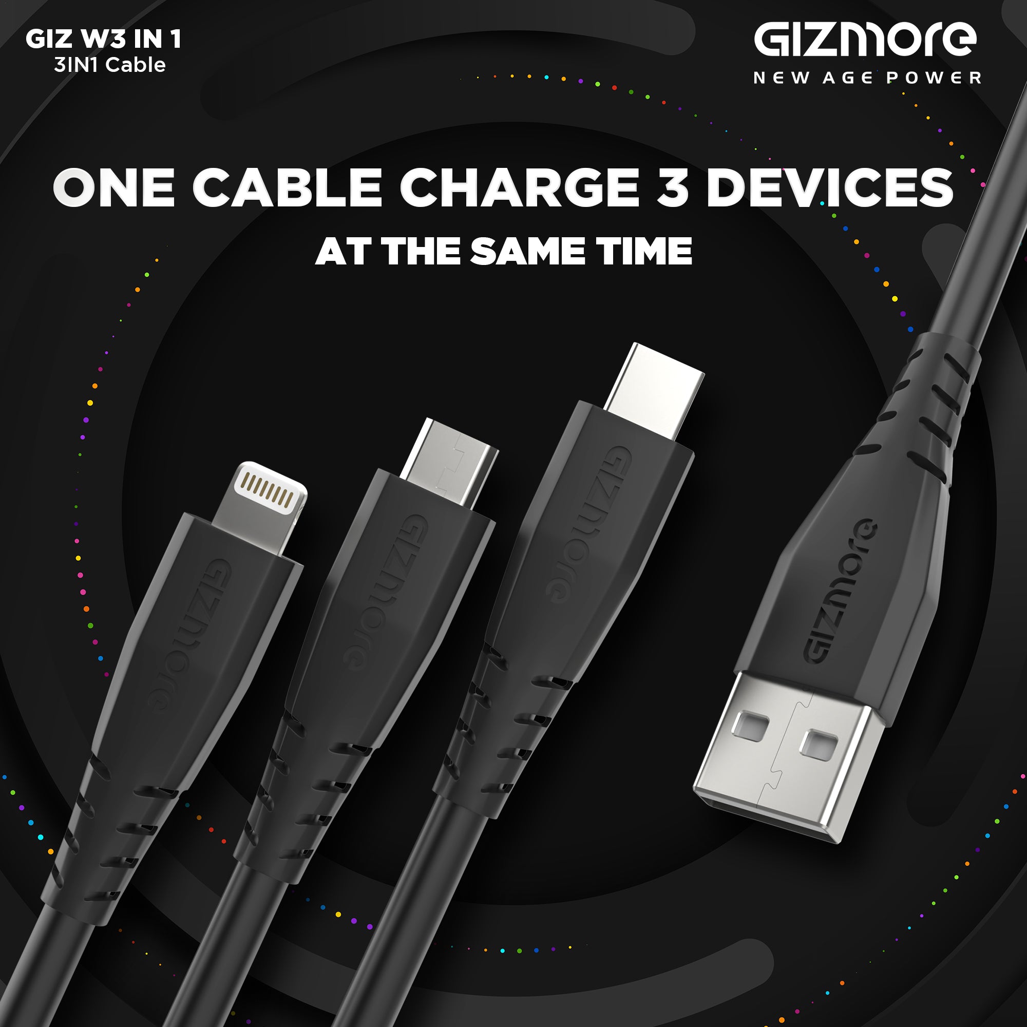 Gizmore 3 in 1 Type C, Micro, Lighting fast cahrging cable