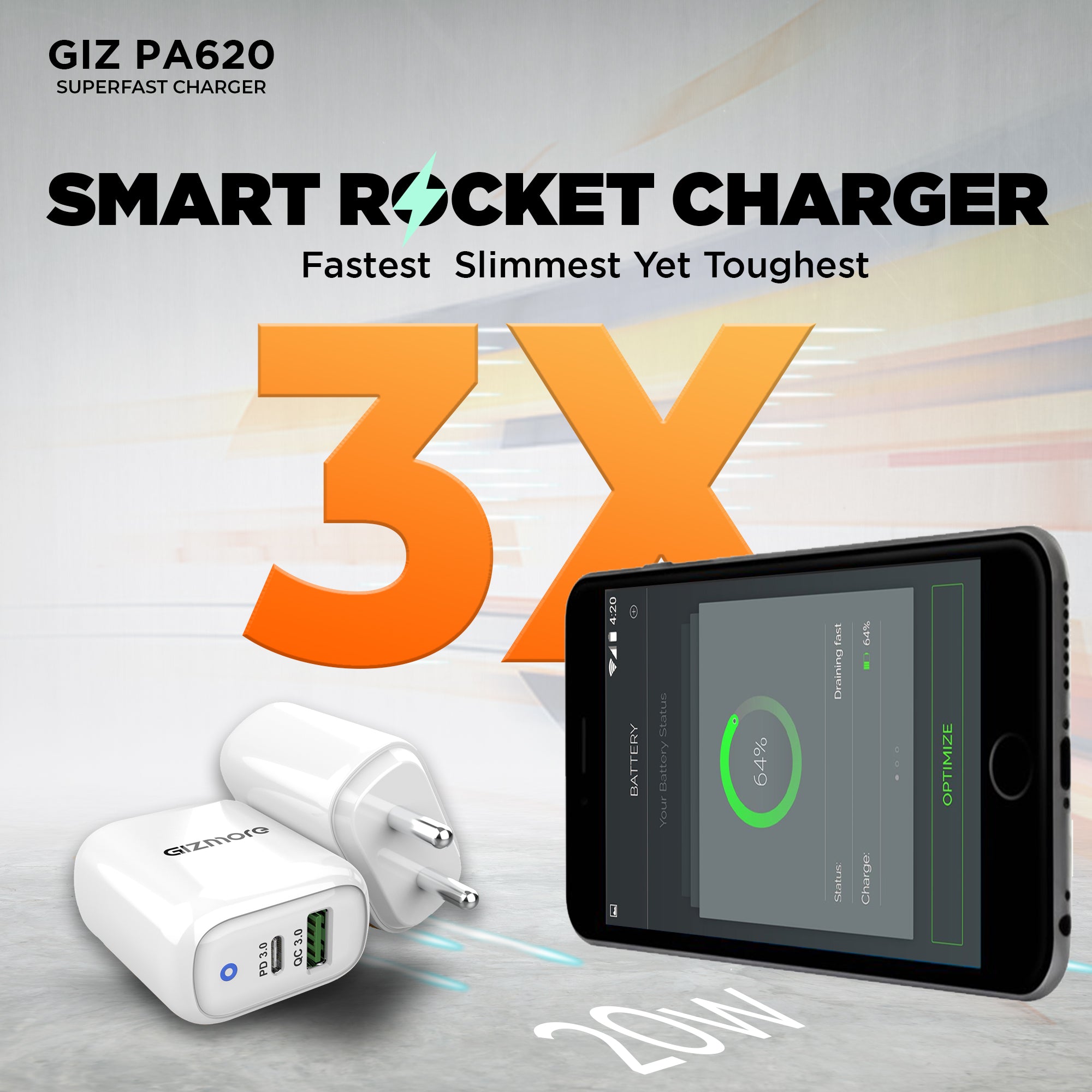 Gizmore 20W Charger|GIZ PA620|3.1A Output |QC & PD support Fast Charger| Multiport Universal Charger with OVP & OCP Protection| 1M Type C detachable Cable included with Charger(White, Cable Included)