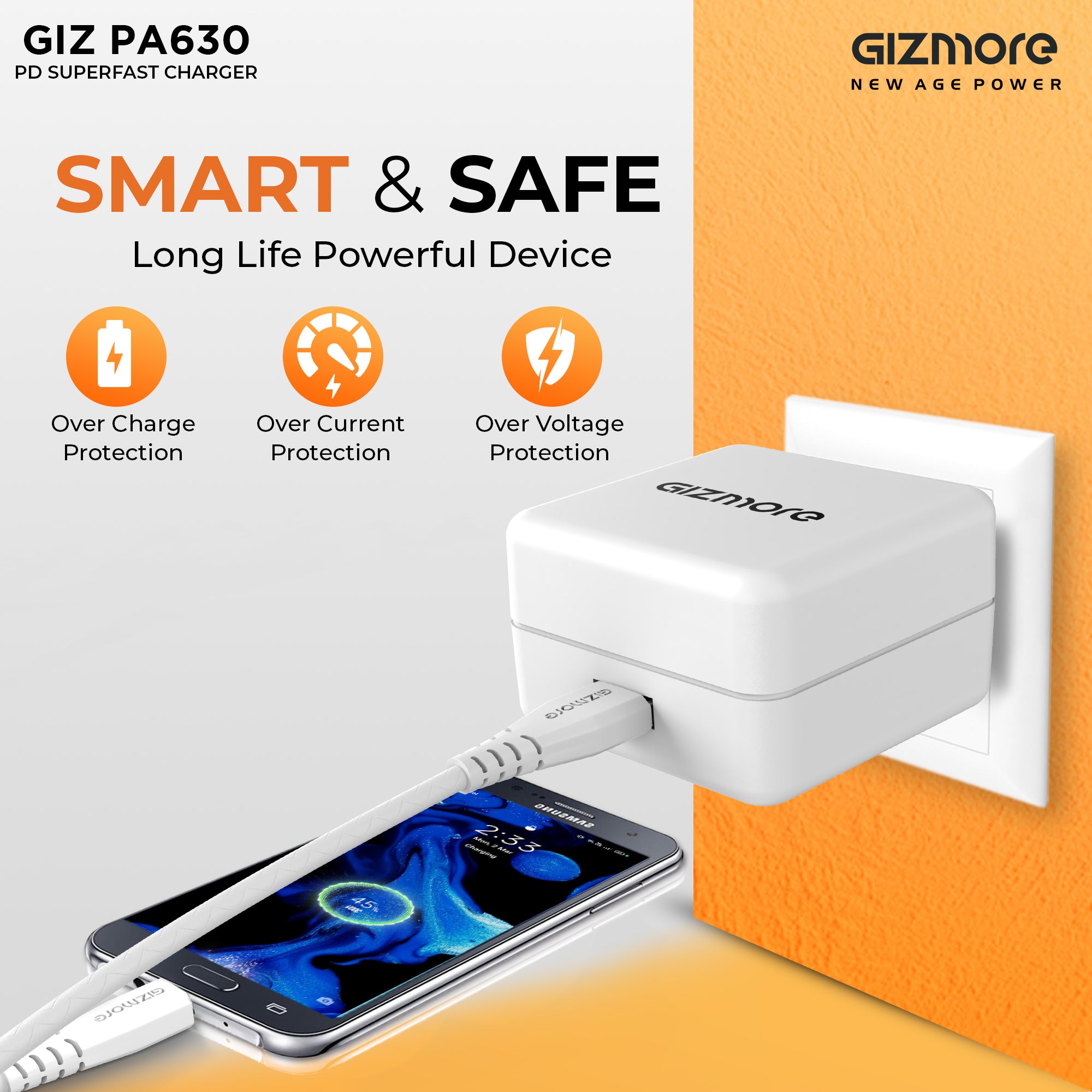 Gizmore 30W Charger|GIZ PA630|QC 3.0 Charger with Super VOOC, WRAP, DASH & DART Protocol support| Fast Charger with OVP & OCP protection| 1M Type A to Type C Cable detachable included with Charger(White, Cable Included)