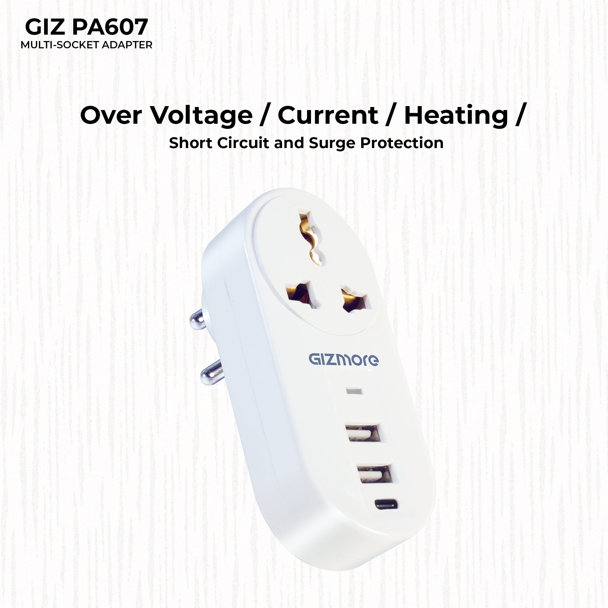 Gizmore PA607 Fast Charging Multi-Socket Adapter with Dual USB and Type-c Port