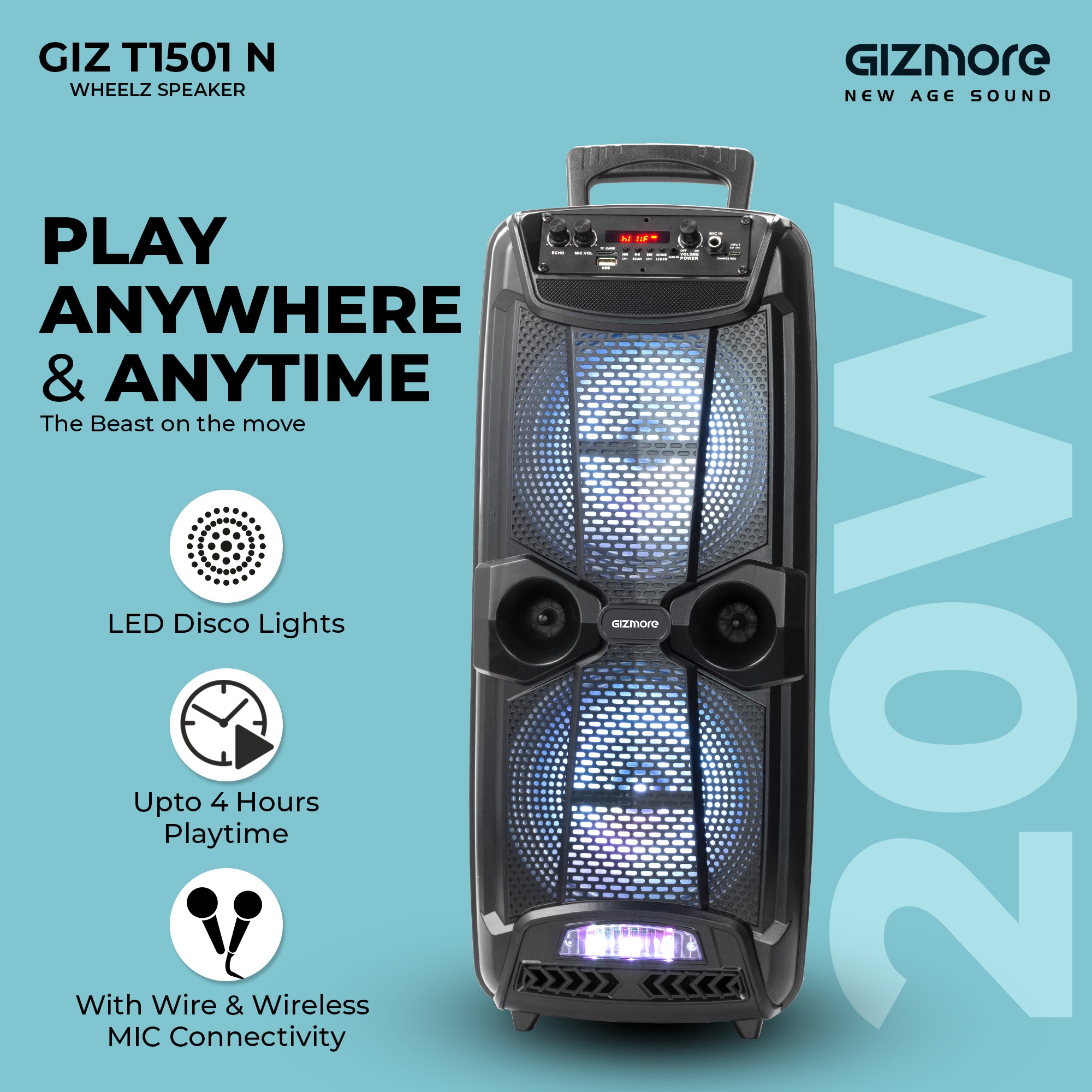 GIZMORE GIZ WHEELZ T1501 20W 2.0 Channel Wireless Bluetooth Portable Speaker