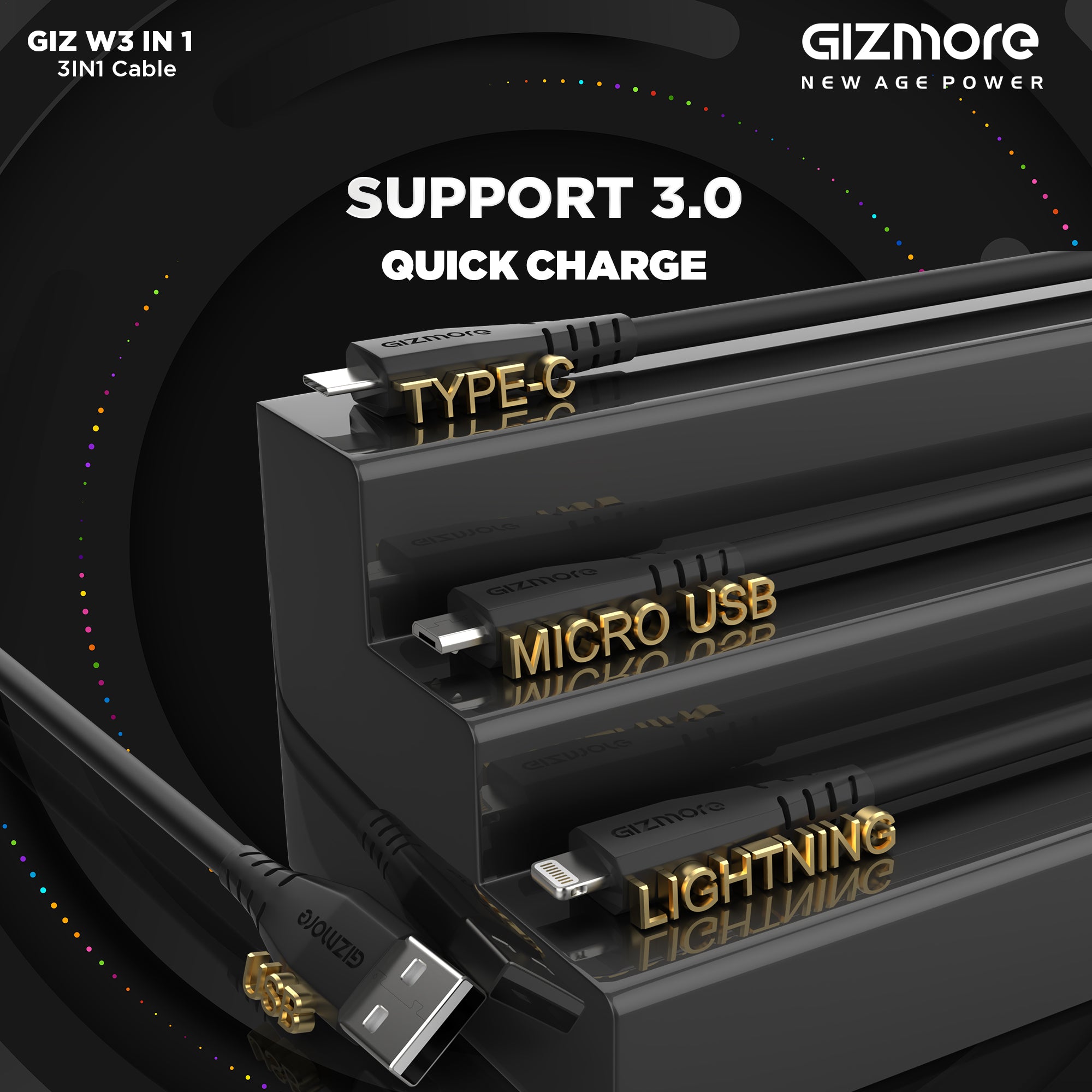 Gizmore 3 in 1 Type C, Micro, Lighting fast cahrging cable
