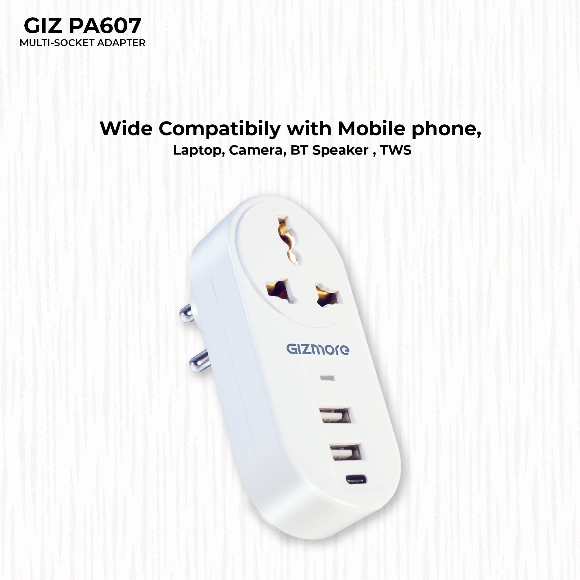 Gizmore PA607 Fast Charging Multi-Socket Adapter with Dual USB and Type-c Port