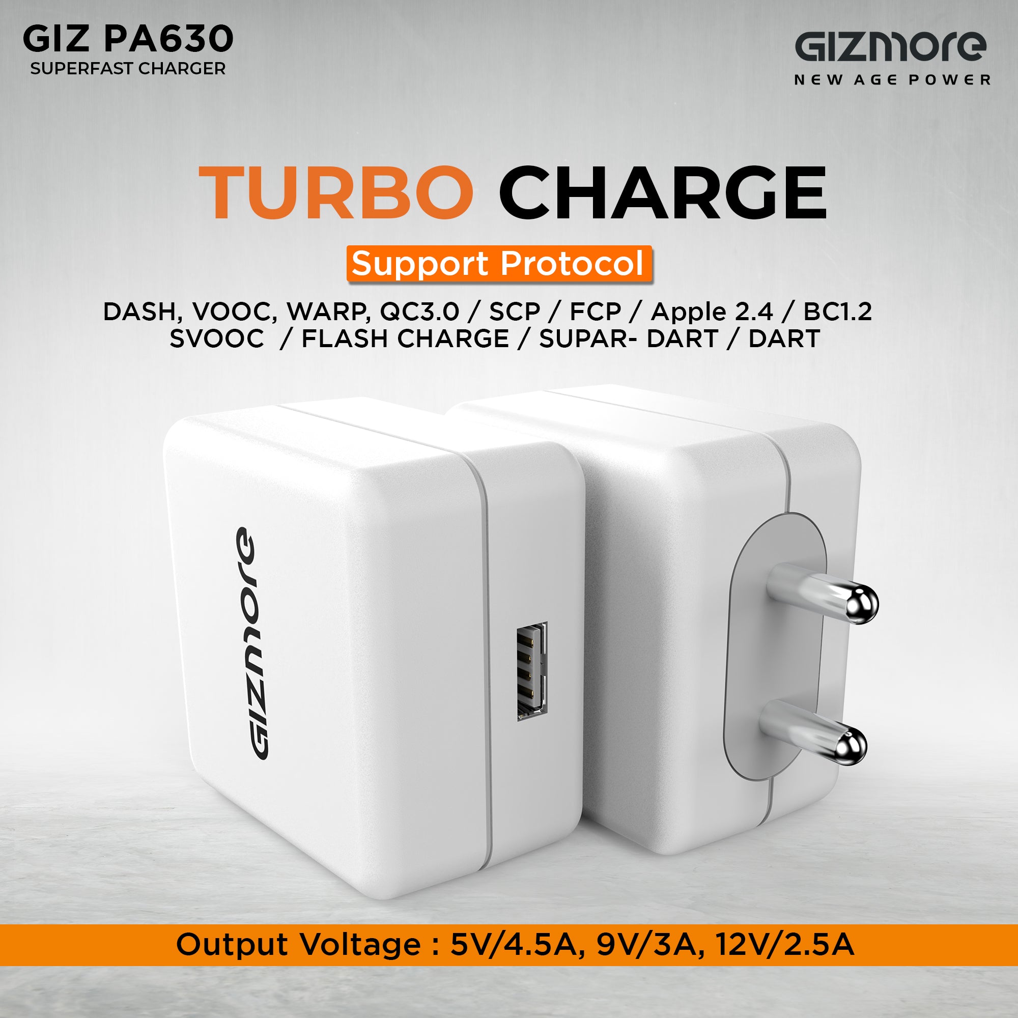 Gizmore 30W Charger|GIZ PA630|QC 3.0 Charger with Super VOOC, WRAP, DASH & DART Protocol support| Fast Charger with OVP & OCP protection| 1M Type A to Type C Cable detachable included with Charger(White, Cable Included)