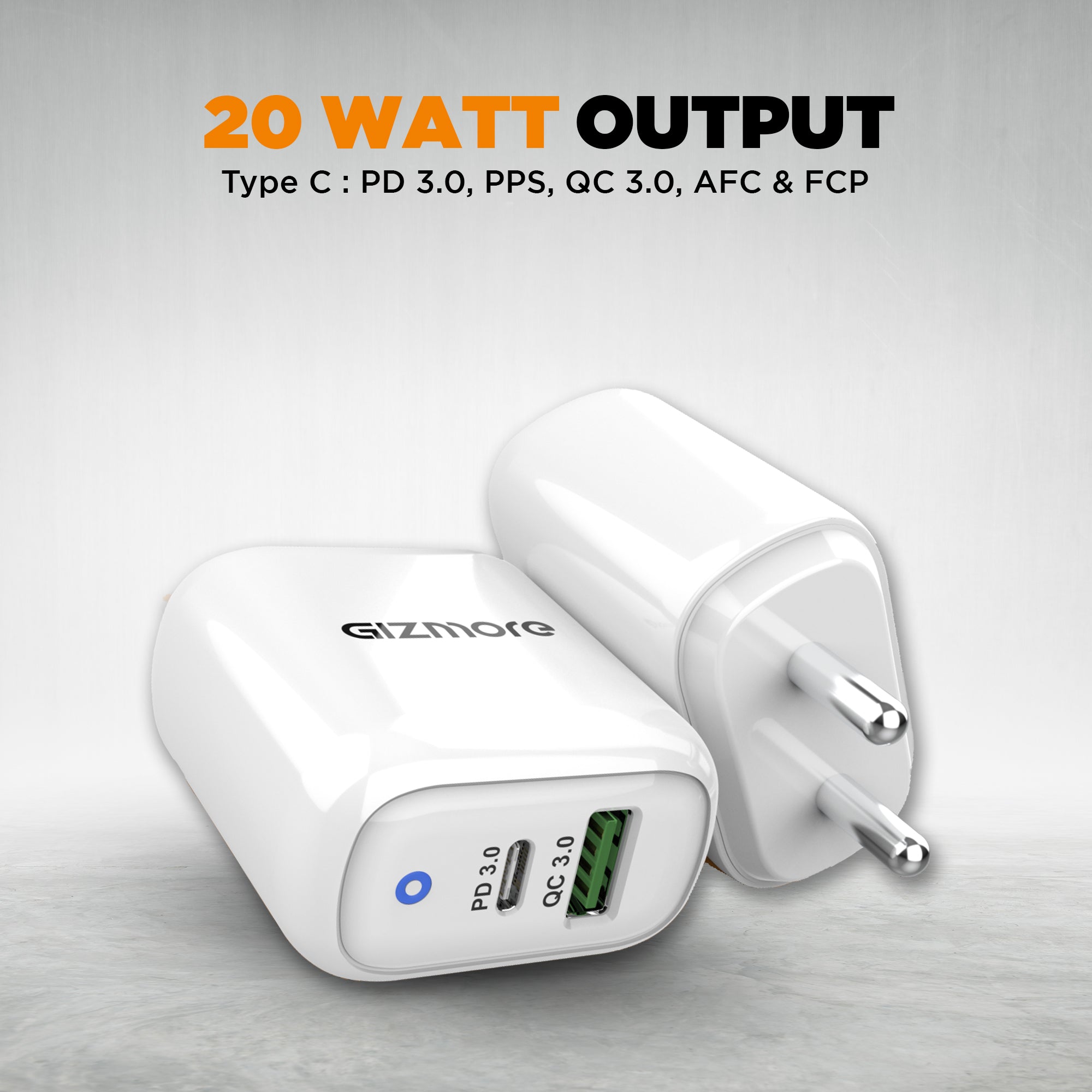 Gizmore 20W Charger|GIZ PA620|3.1A Output |QC & PD support Fast Charger| Multiport Universal Charger with OVP & OCP Protection| 1M Type C detachable Cable included with Charger(White, Cable Included)