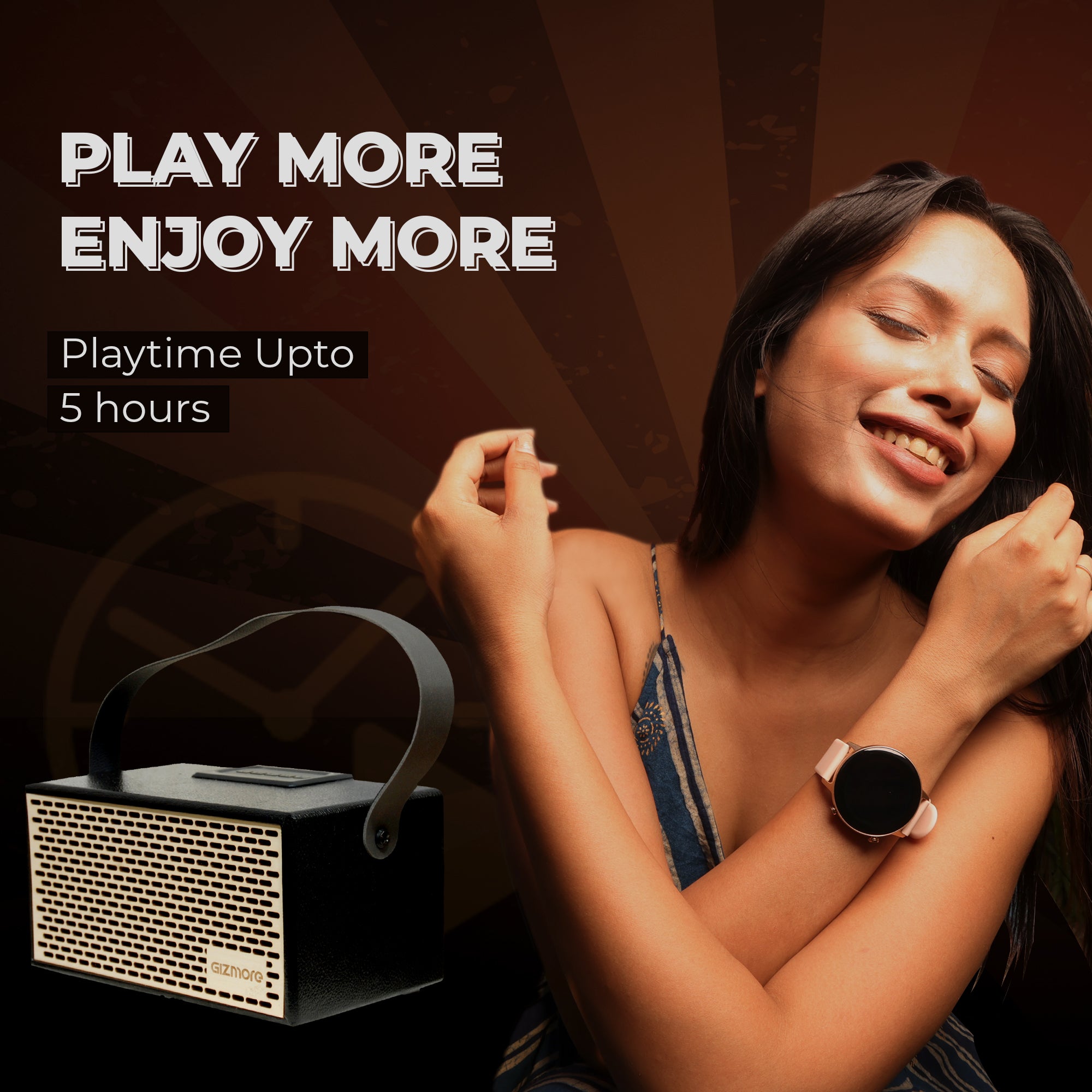 Gizmore GIZ MS516 Portable Speaker| Wooden Cabinet With Leather Strap, 5H Playback 16 W Bluetooth Party Speaker